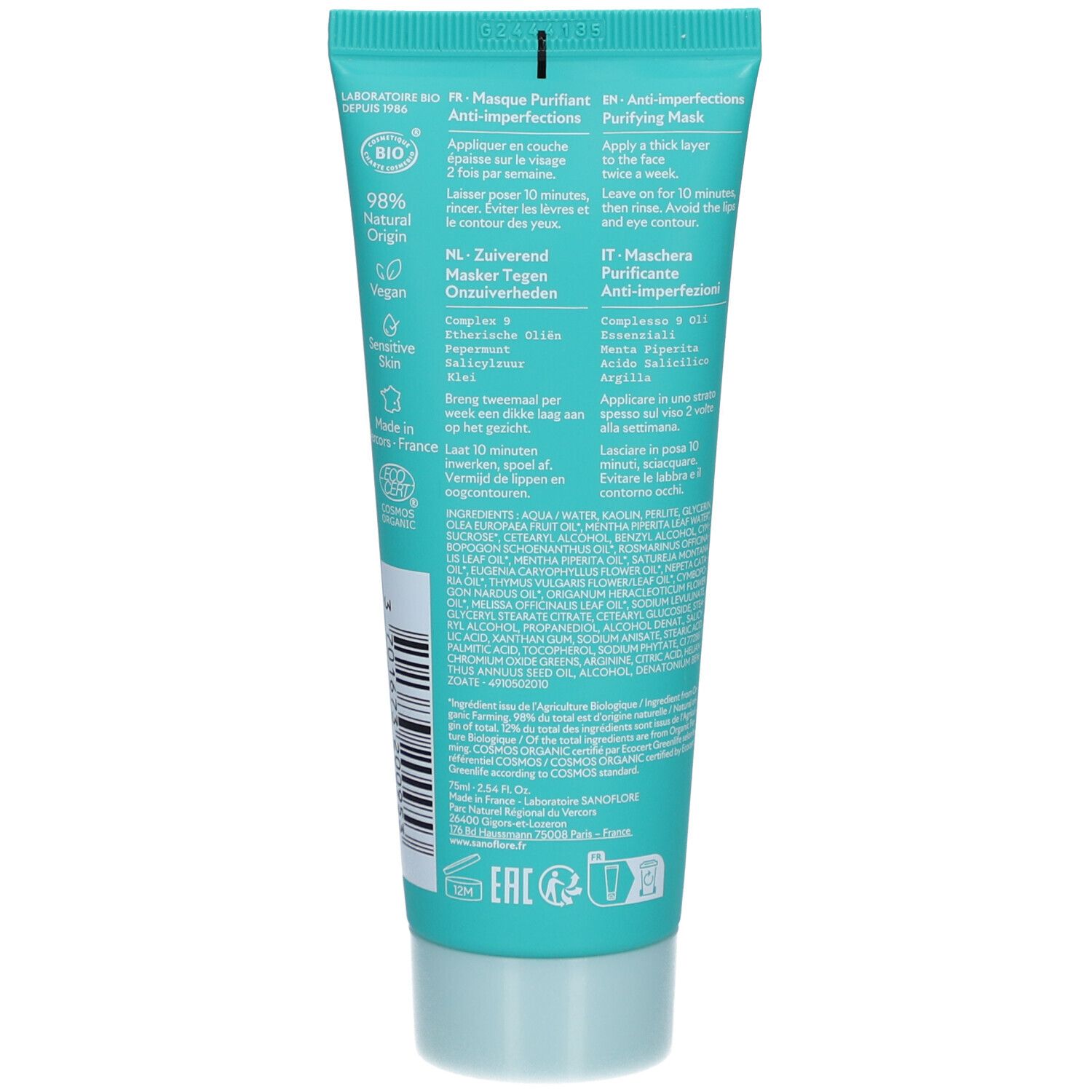 Achterkant van de tube. Tekst in meerdere talen. Bio-certificering. Ingrediënten en gebruiksaanwijzing.