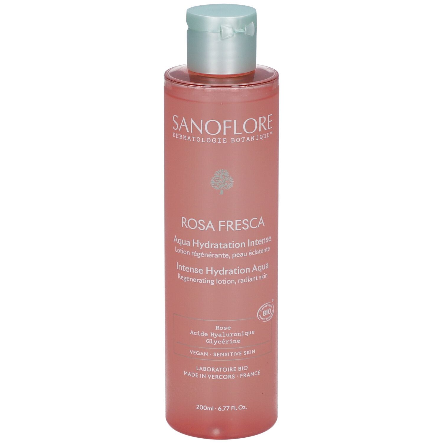 Flacon transparent de lotion Rosa Fresca Aqua Hydratation Intense. Bouchon bleu clair. Étiquette avec texte.