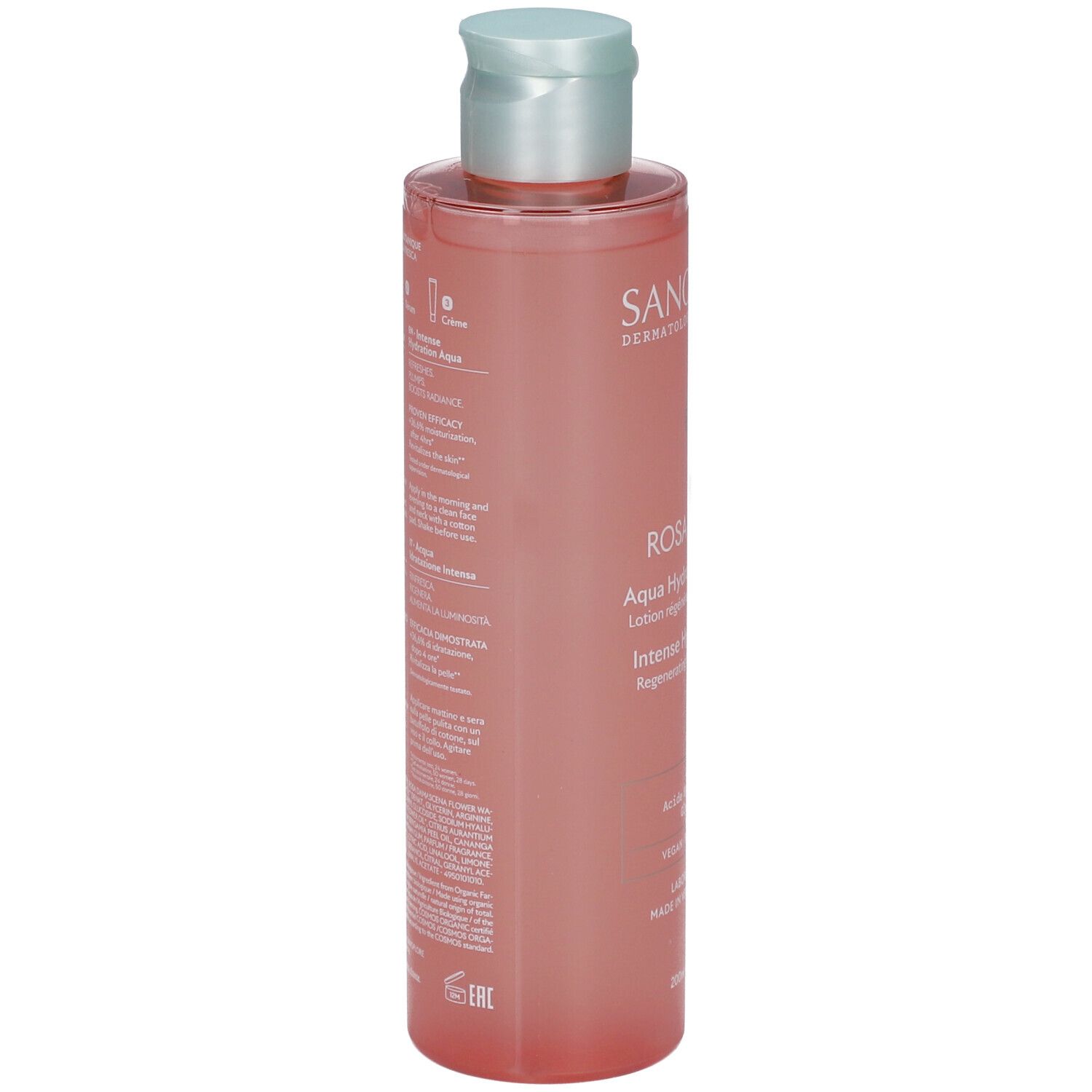 Dos du flacon de lotion Rosa Fresca Aqua Hydratation Intense. Texte et logos. Liquide transparent.