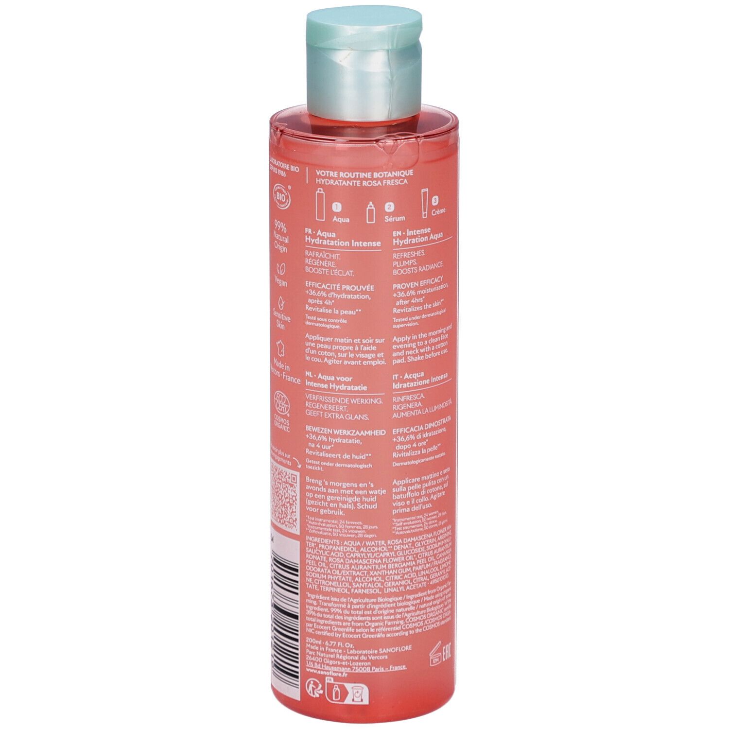 Dos du flacon de lotion Rosa Fresca Aqua Hydratation Intense. Texte, logos et code QR. Liquide transparent.