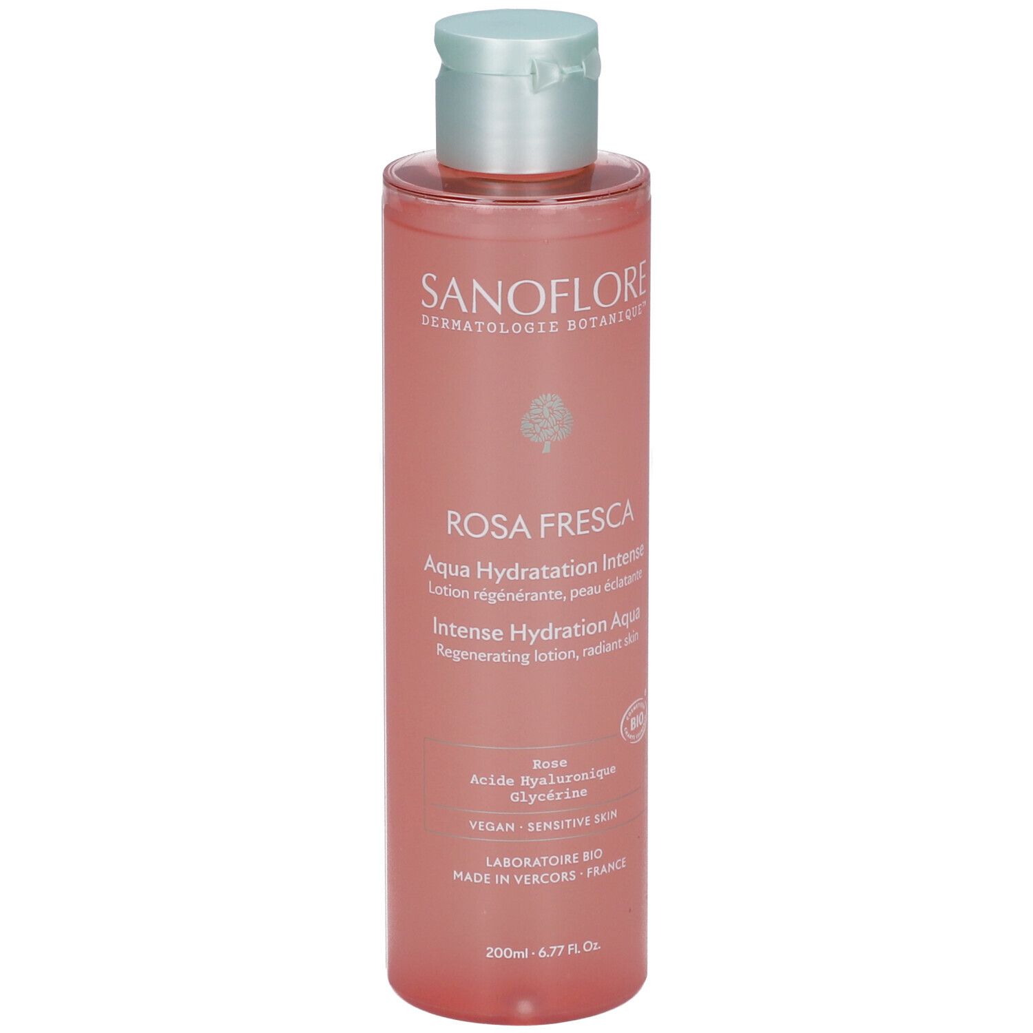 Flacon transparent de lotion Rosa Fresca Aqua Hydratation Intense. Bouchon bleu clair. Étiquette avec texte.