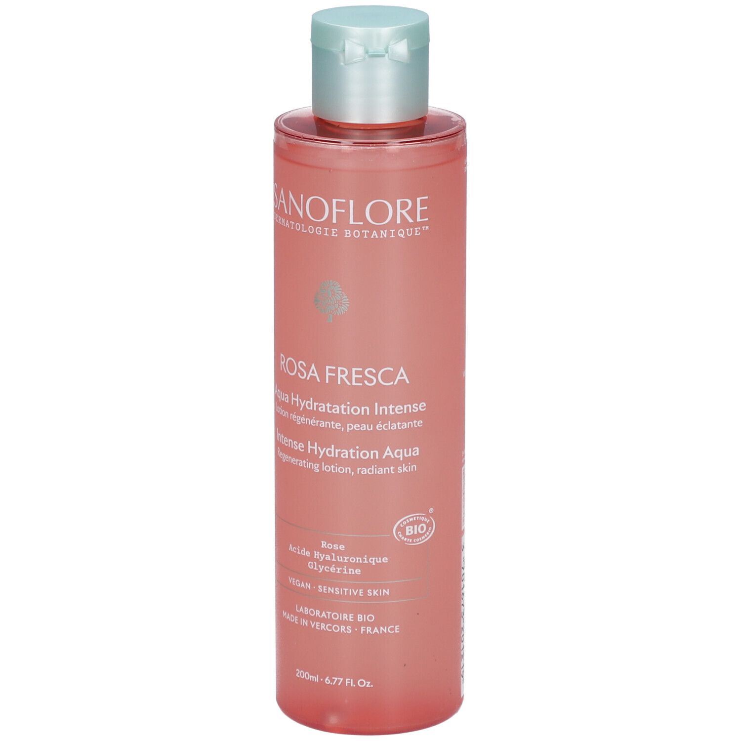 Flacon transparent de lotion Rosa Fresca Aqua Hydratation Intense. Bouchon bleu clair. Étiquette avec texte.
