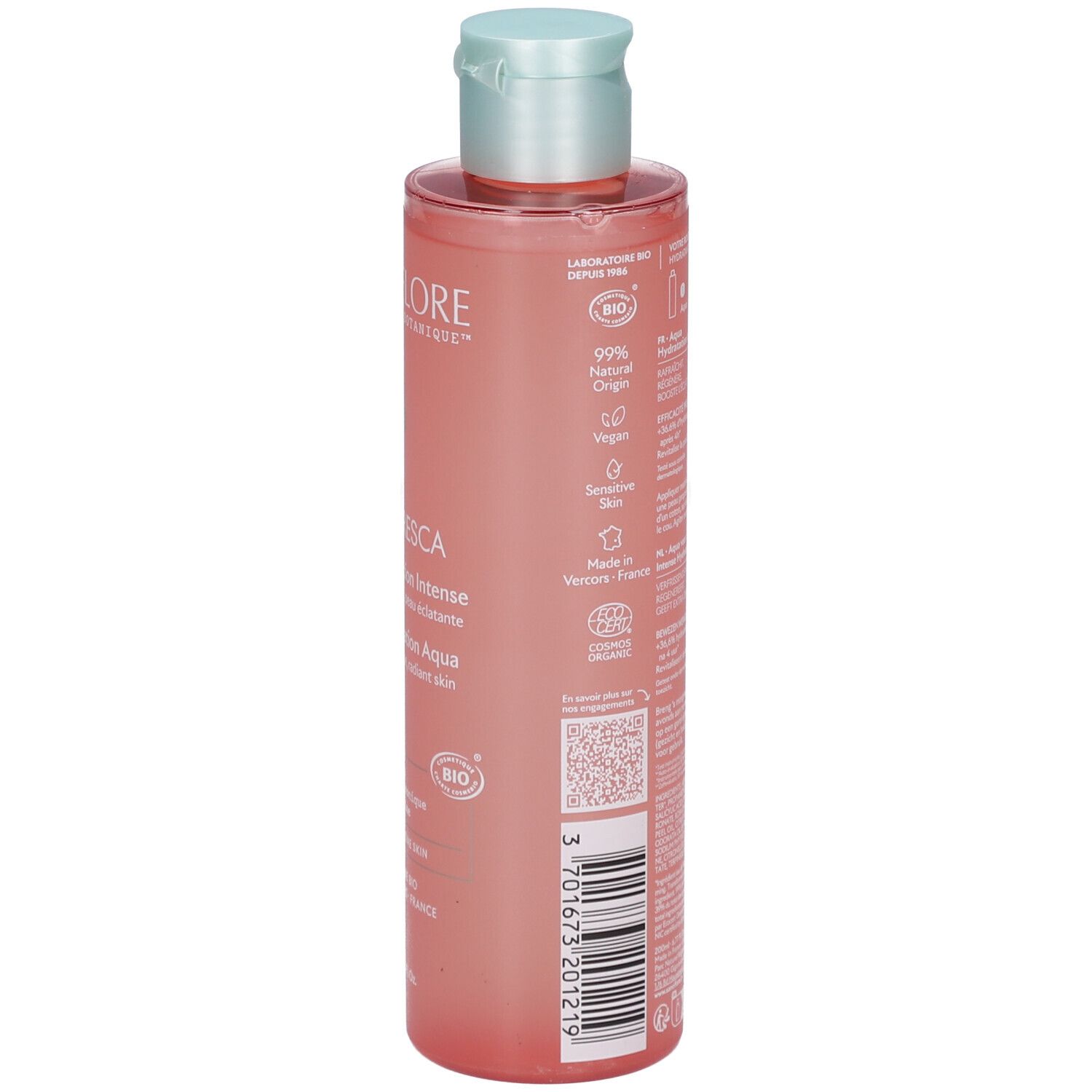 Dos du flacon de lotion Rosa Fresca Aqua Hydratation Intense. Texte, logos et code QR. Liquide transparent.