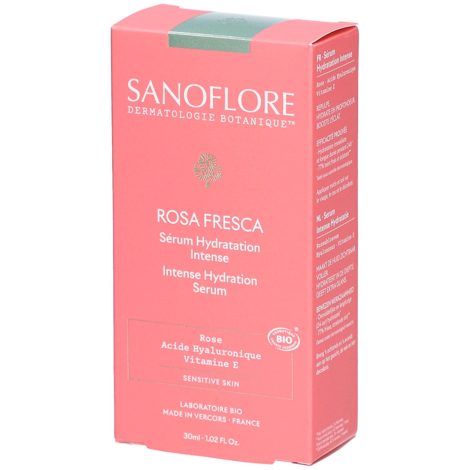 Roze doos van Rosa Fresca Serum. Opschriften: SANOFLORE, Rosa Fresca, Sérum Hydratation Intense. Bio-label.