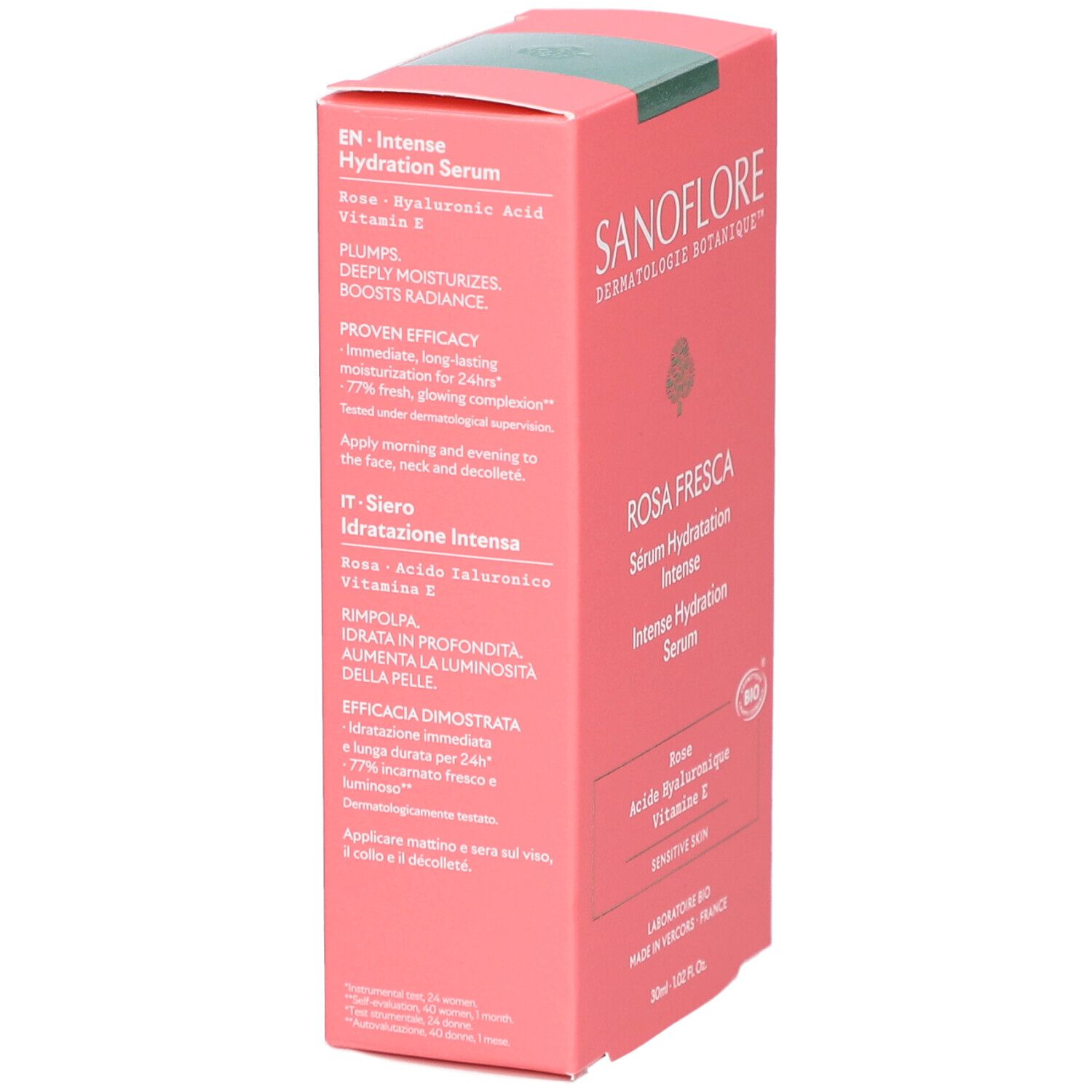 Zijkant van de roze doos. Opschriften: SANOFLORE, Rosa Fresca, Sérum Hydratation Intense. Ingrediënten, Bio-label.
