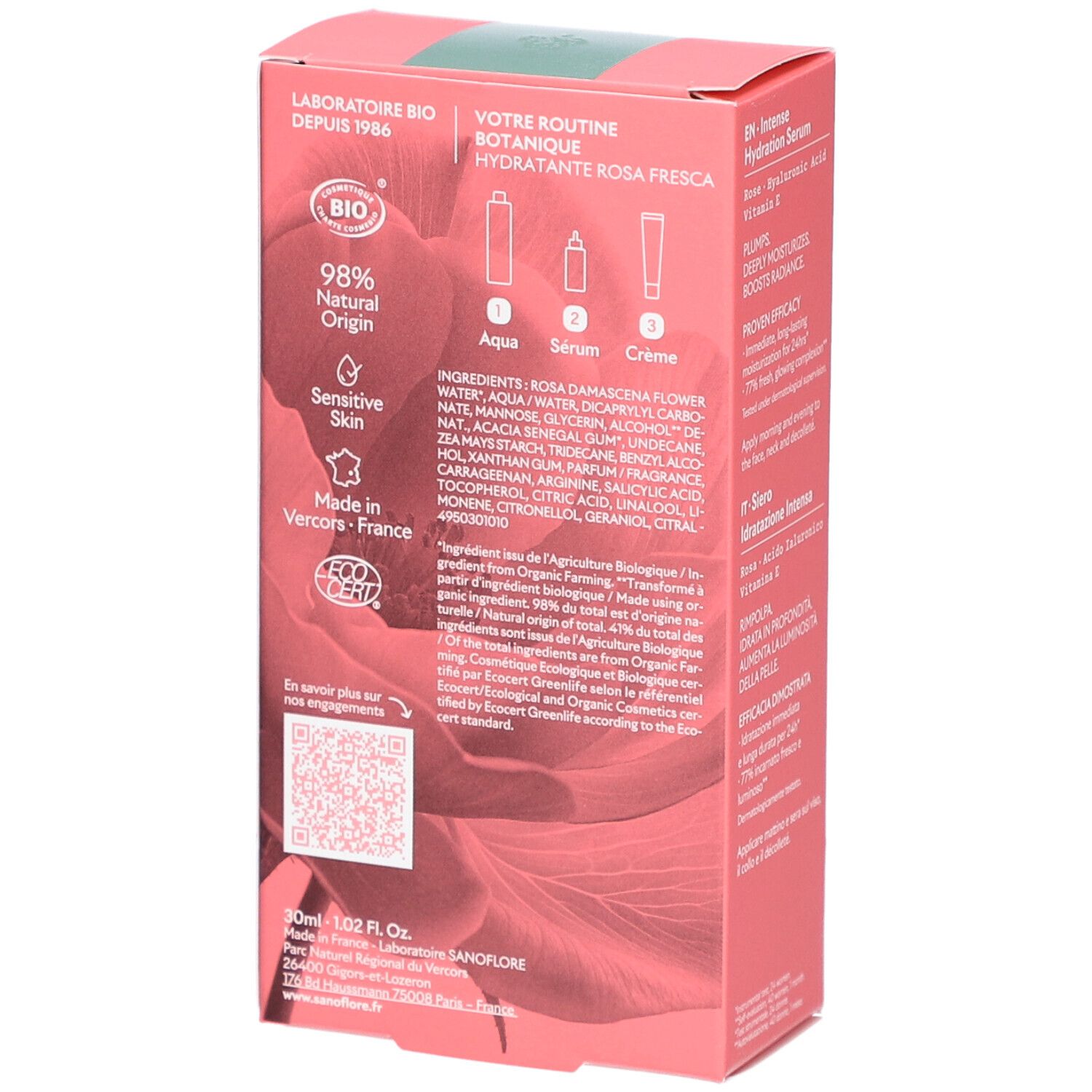 Achterkant van de roze doos. Opschriften: Ingrediënten, 98% natuurlijke oorsprong, Bio-label, QR-code.