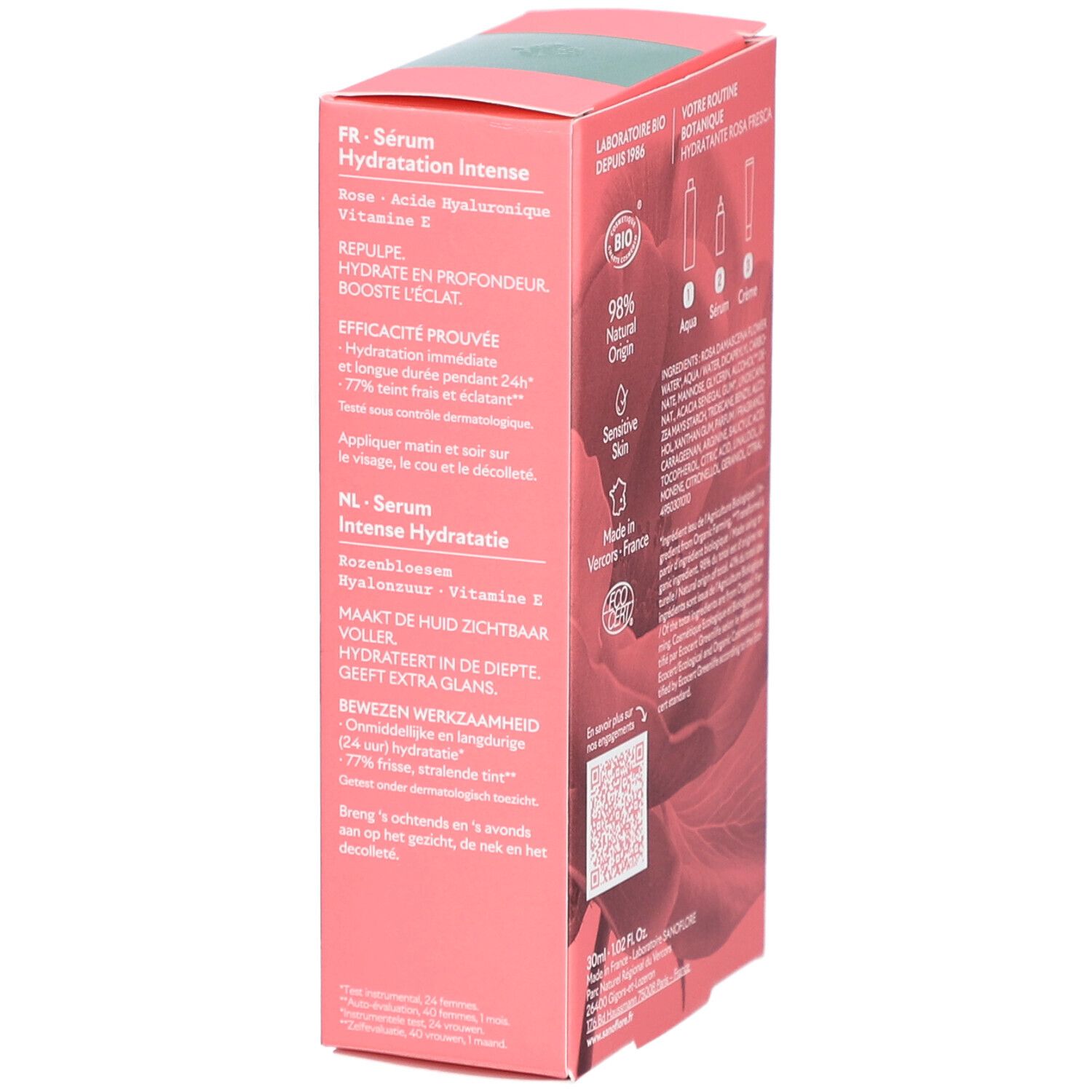 Zijkant van de roze doos. Opschriften: SANOFLORE, Rosa Fresca, Sérum Hydratation Intense. Ingrediënten, Bio-label.