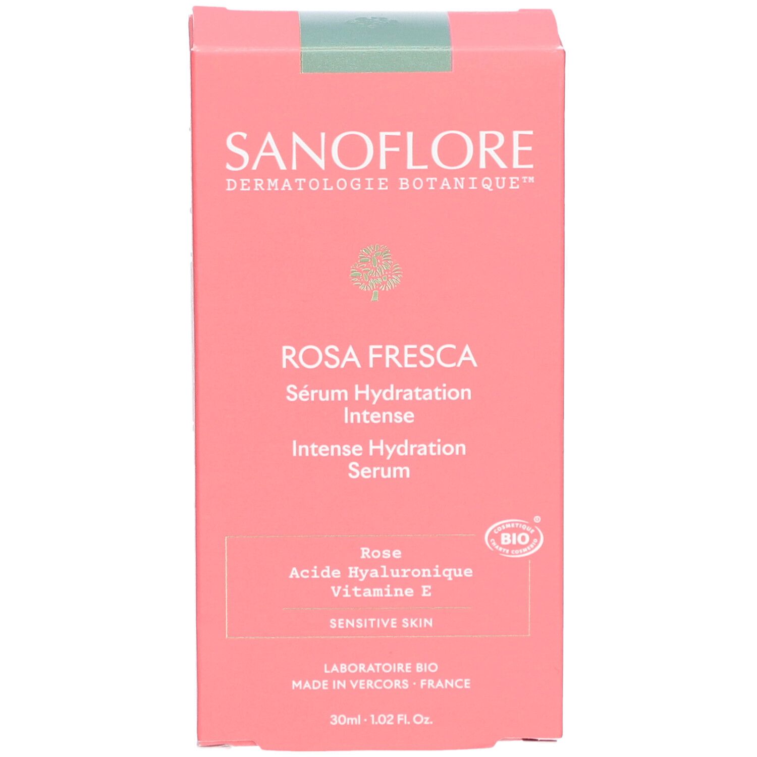Roze doos, vooraanzicht. Opschriften: SANOFLORE, Rosa Fresca, Sérum Hydratation Intense. Bio-label.