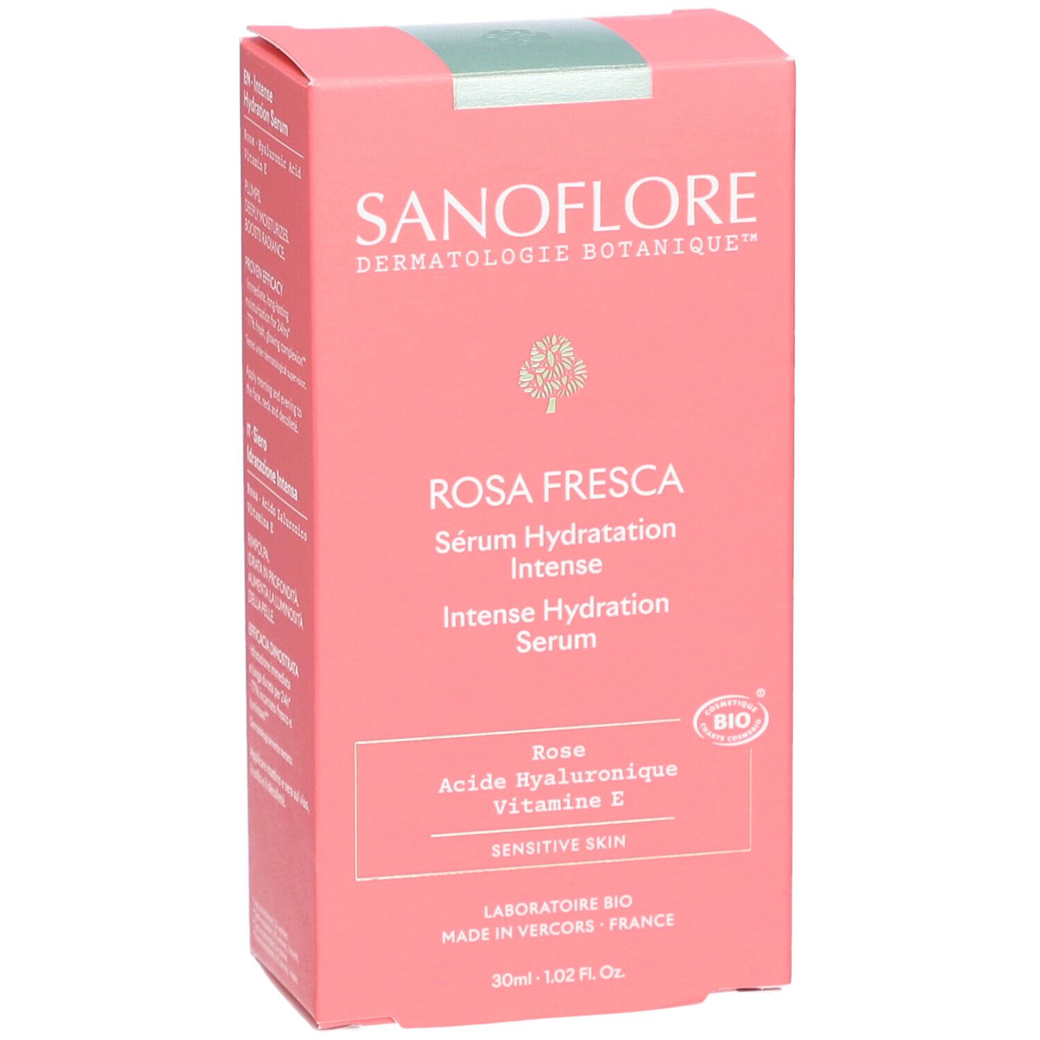 Roze doos, vooraanzicht. Opschriften: SANOFLORE, Rosa Fresca, Sérum Hydratation Intense. Bio-label.