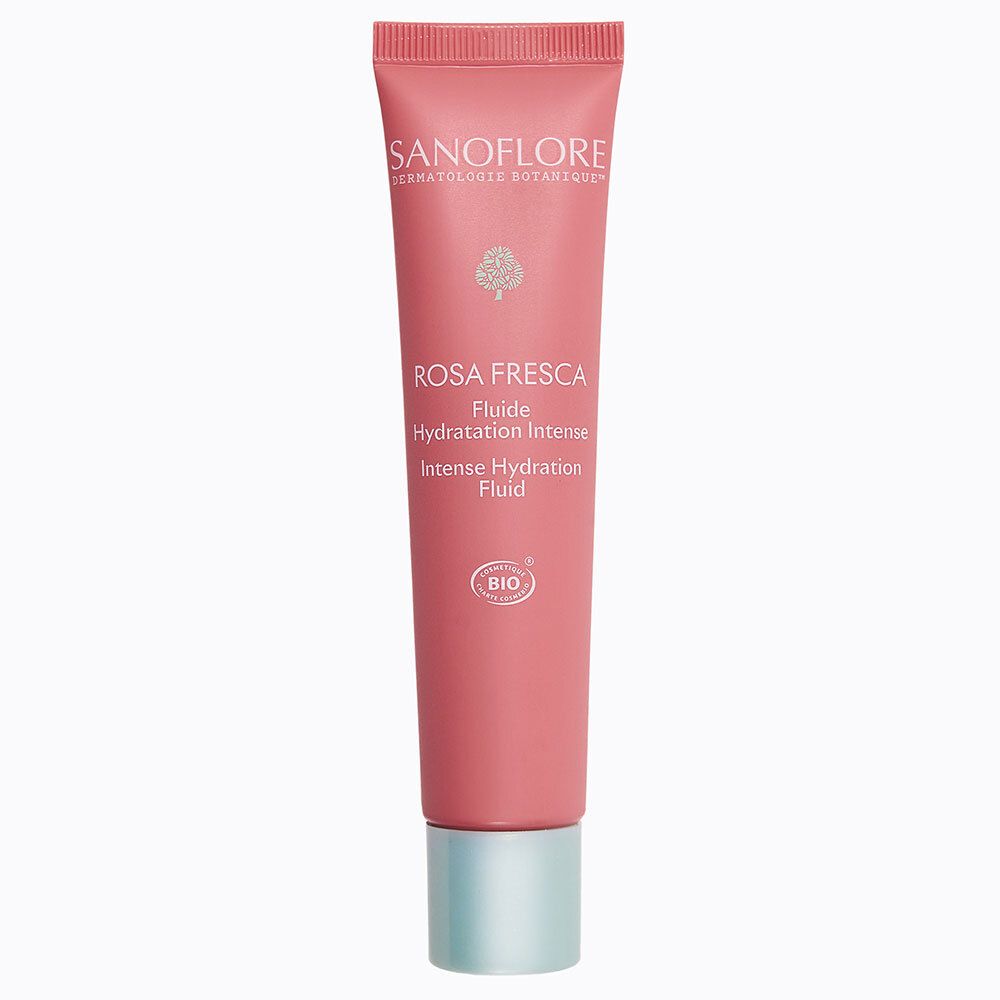 Sanoflore hydraterende fluid met verse roos in roze tube met zilveren dop.