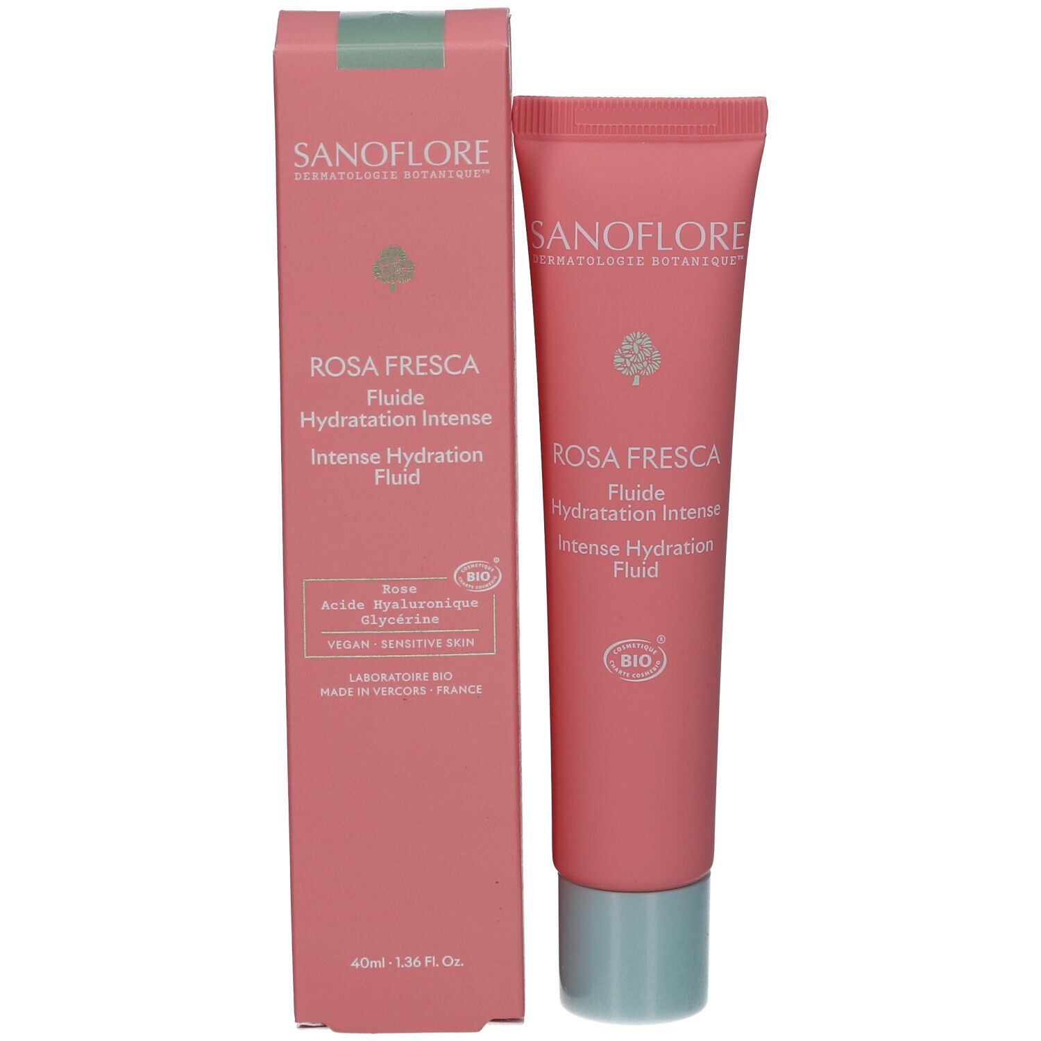 Tube et boîte Rosa Fresca. Textes: SANOFLORE, Fluide Hydratation Intense. Boîte rose. Certification Bio.