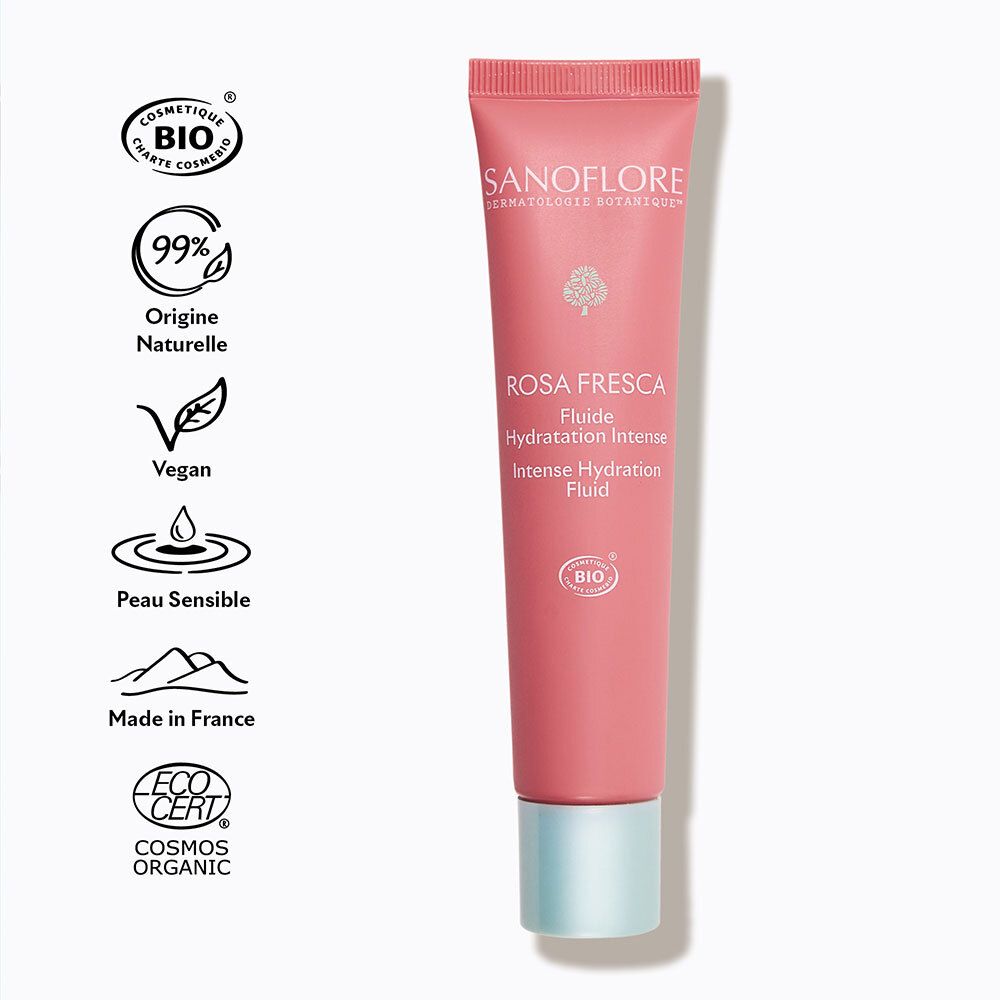 Roze tube met Sanoflore logo en bio-zegels: Vegan, Gemaakt in Frankrijk, COSMOS ORGANIC.