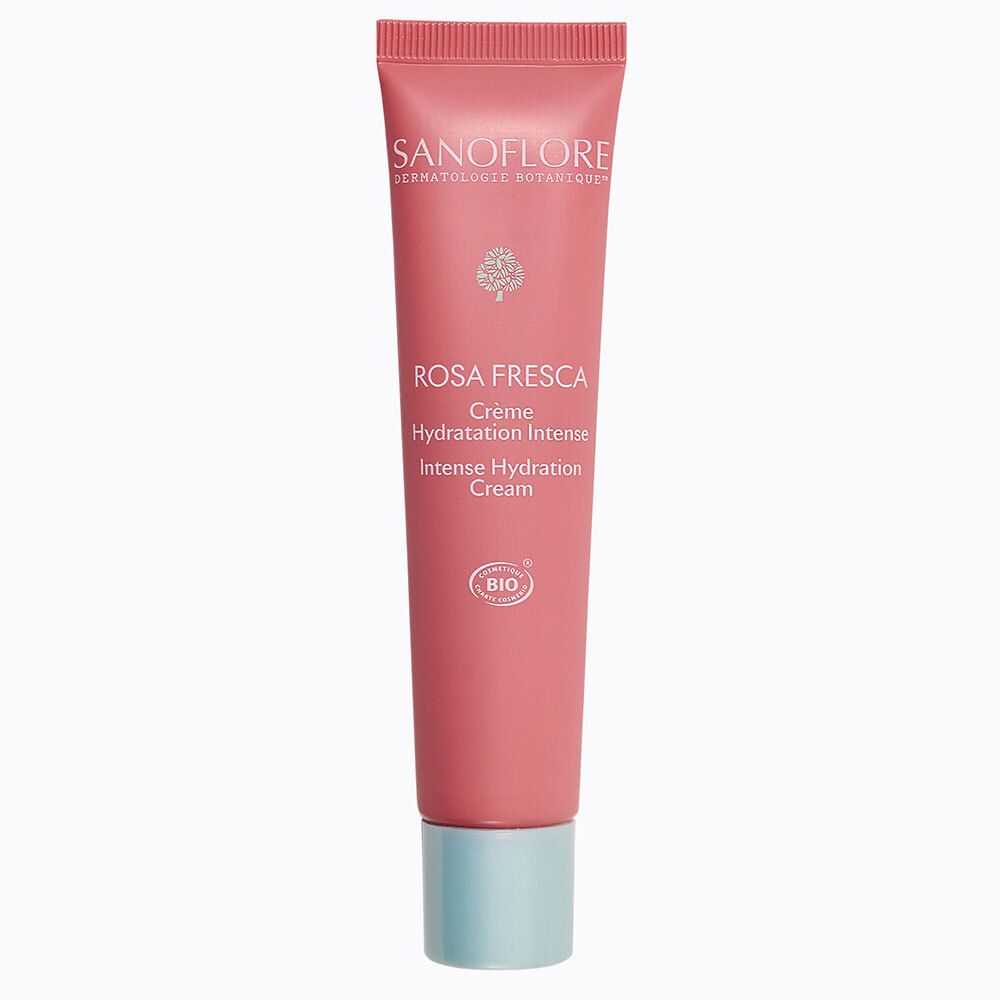 SANOFLORE Rosa Fresca Crème: Roze tube met lichtblauwe dop. Bevat BIO-zegel.