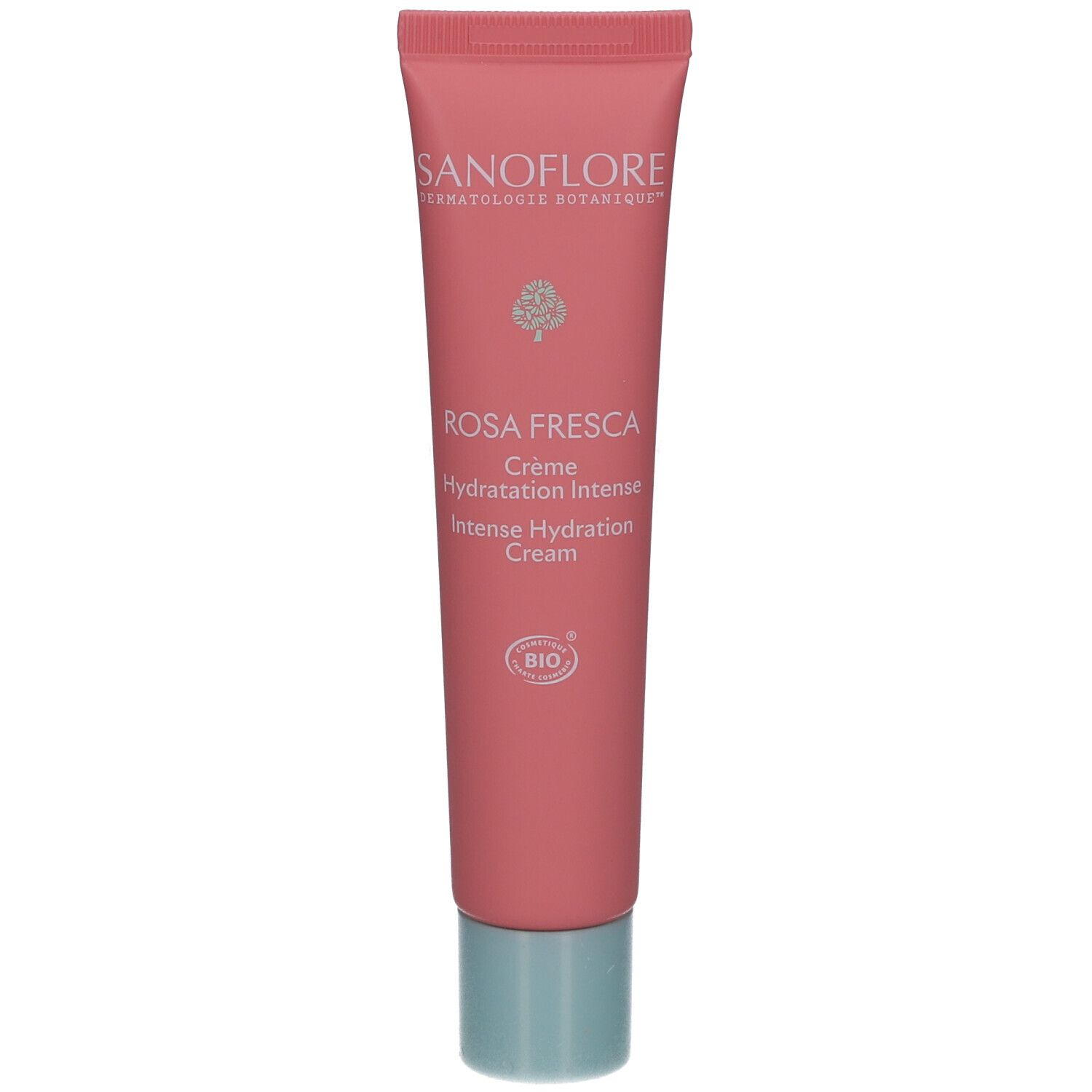 Tube de crème Rosa Fresca. Rose, bouchon bleu. Inscriptions: SANOFLORE, Rosa Fresca, Crème Hydratation Intense, Intense Hydration Cream.