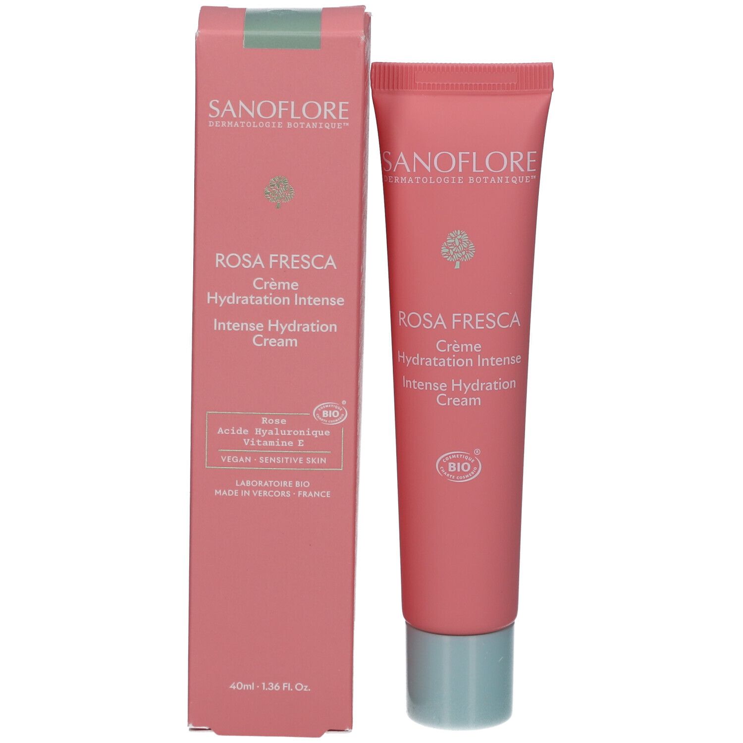 Tube et boîte de crème Rosa Fresca. Rose, avec des accents verts. Inscriptions: SANOFLORE, Rosa Fresca, Crème Hydratation Intense, Intense Hydration Cream.
