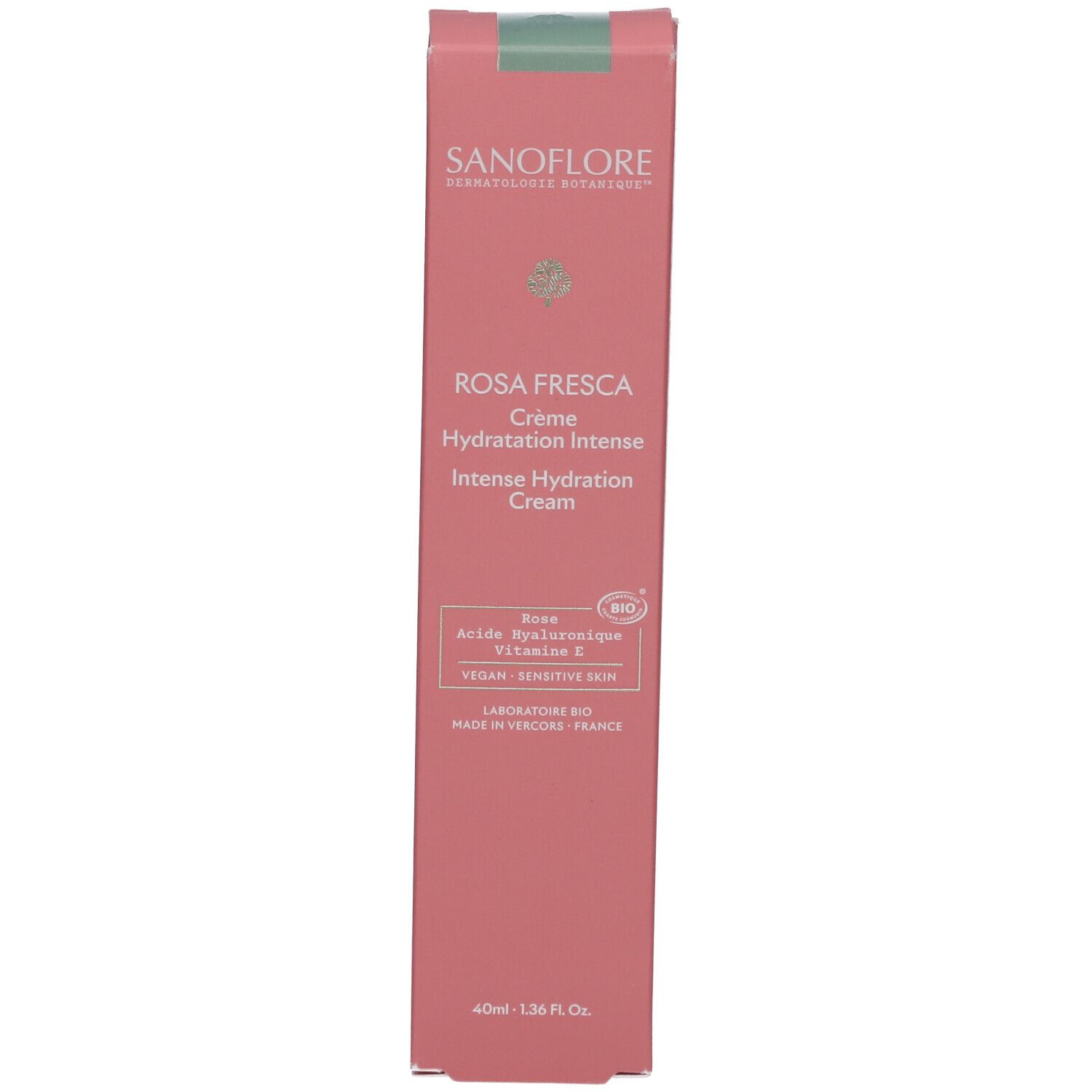 Boîte de crème Rosa Fresca. Rose, avec des accents verts. Inscriptions: SANOFLORE, Rosa Fresca, Crème Hydratation Intense, Intense Hydration Cream.