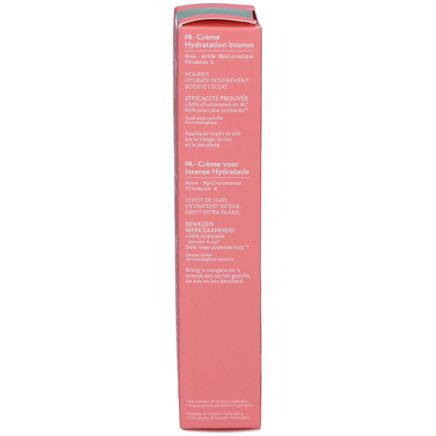 Côté de la boîte de crème Rosa Fresca. Rose, avec des accents verts. Texte en français et néerlandais. Label bio.