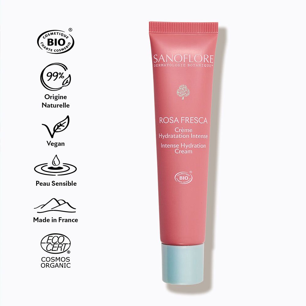 SANOFLORE Rosa Fresca Crème: Roze tube met lichtblauwe dop, BIO-certificeringen links.