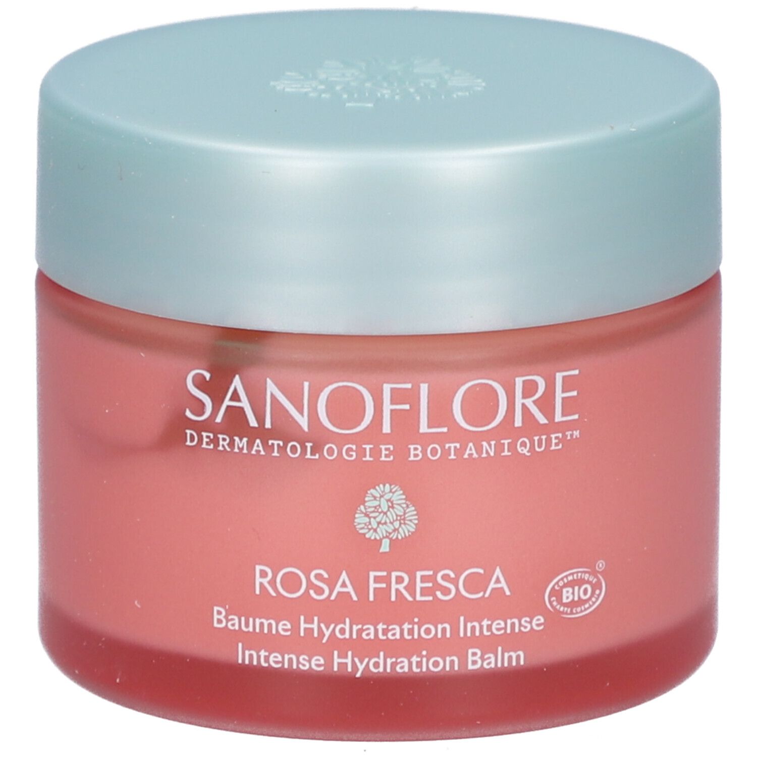 Potje Rosa Fresca Baume Hydratation Intense. Roze potje met lichtblauw deksel. Merk SANOFLORE.