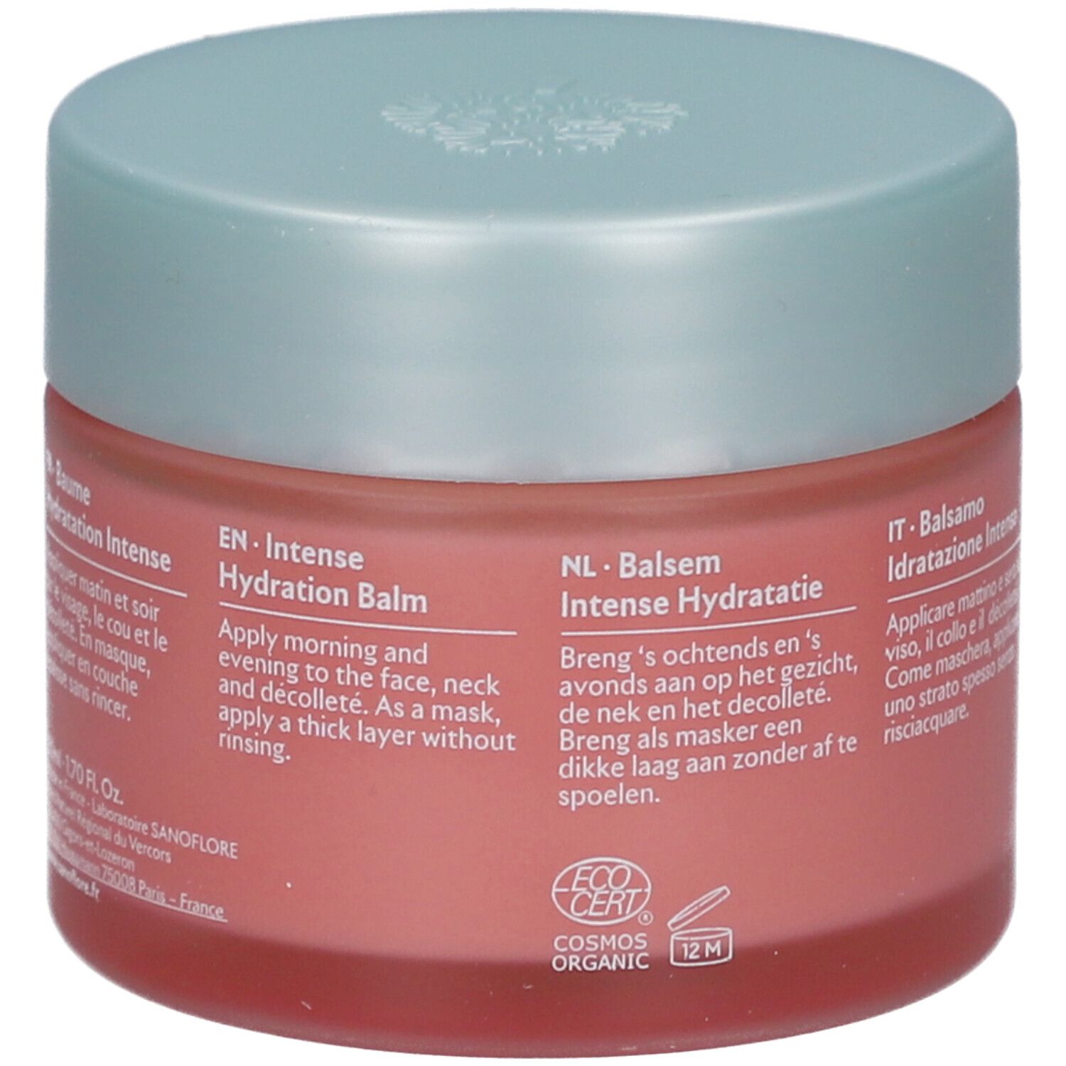 Achterkant van de pot Rosa Fresca Baume Hydratation Intense. Tekst in het Engels, Nederlands en Italiaans. COSMOS ORGANIC.
