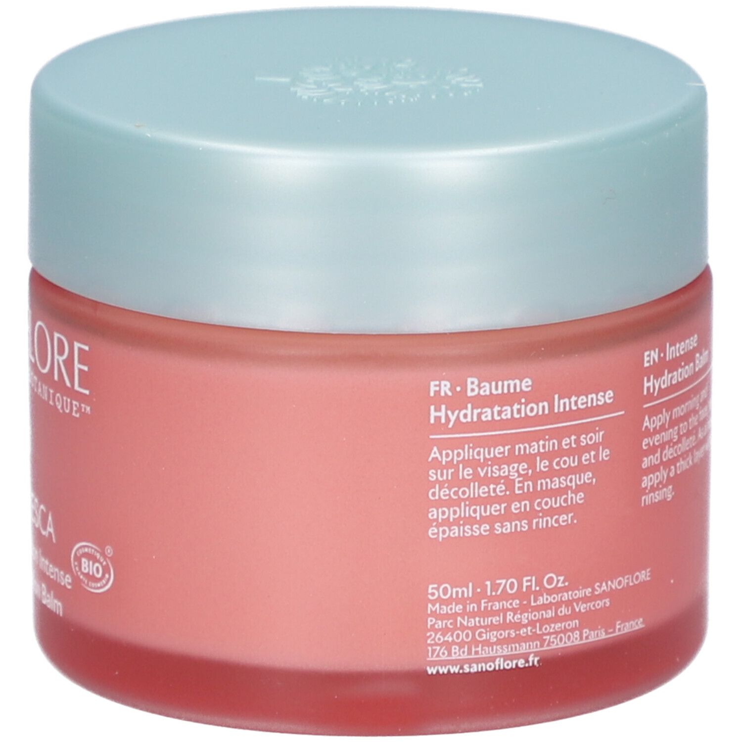Potje Rosa Fresca Baume Hydratation Intense. Tekst in het Frans en Engels. 50ml. Merk SANOFLORE.