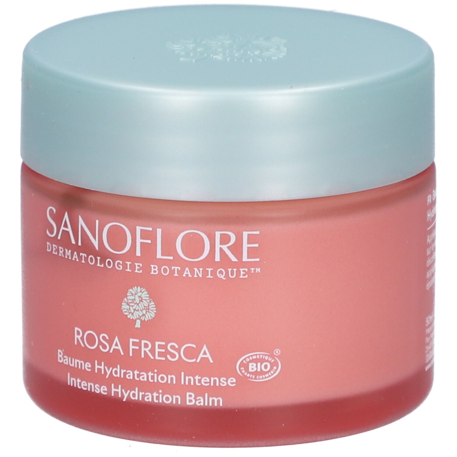 Potje Rosa Fresca Baume Hydratation Intense. Roze potje met lichtblauw deksel. Merk SANOFLORE.