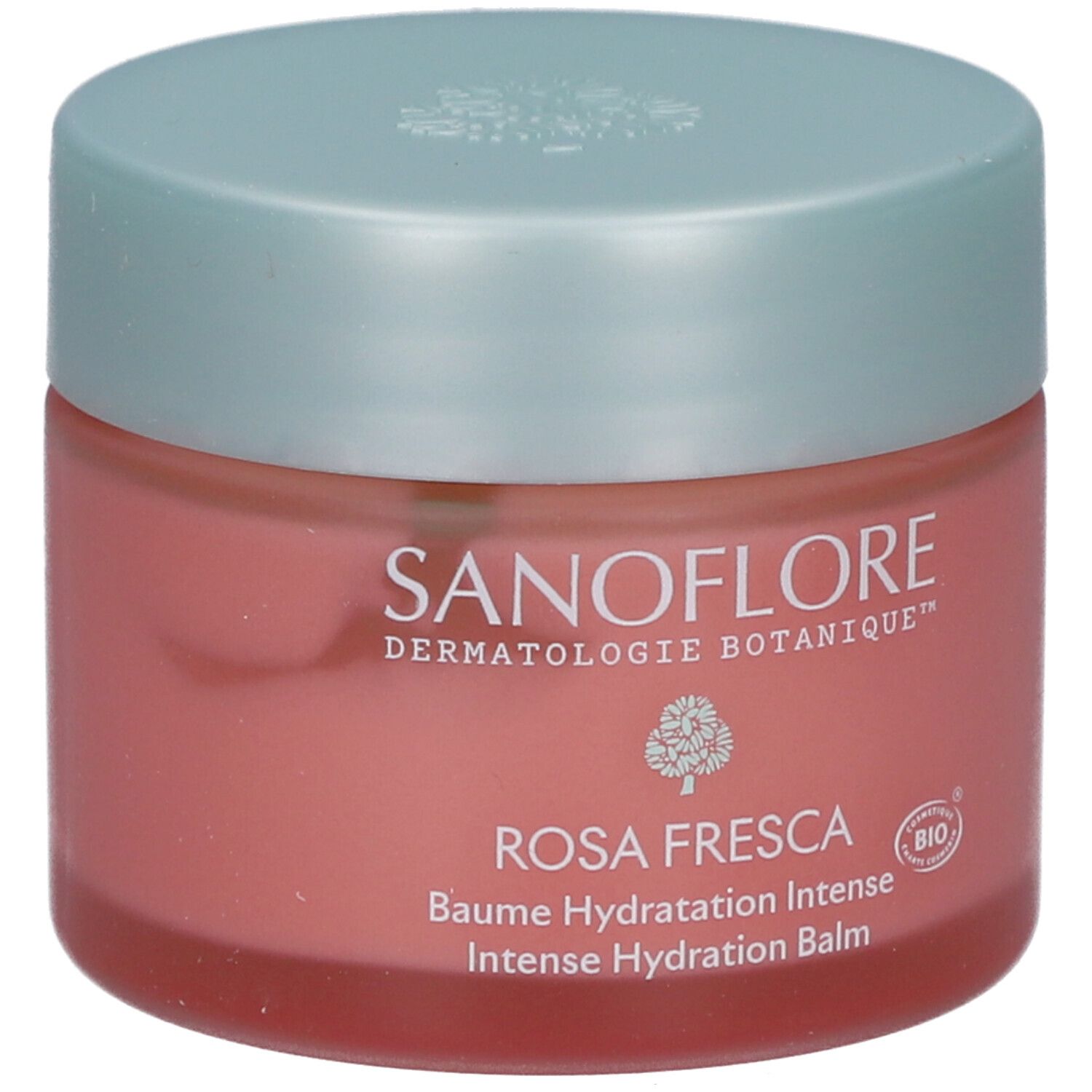 Potje Rosa Fresca Baume Hydratation Intense. Roze potje met lichtblauw deksel. Merk SANOFLORE.