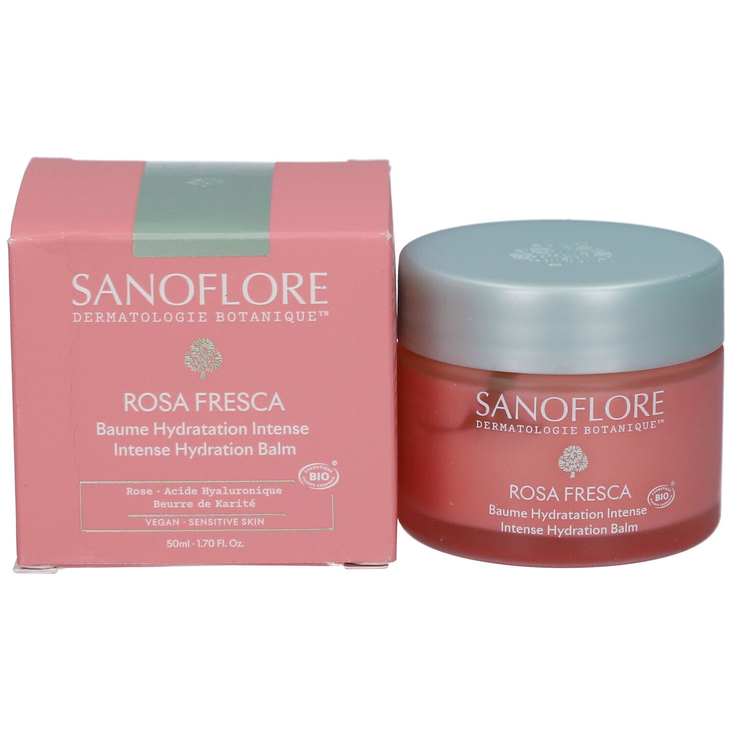Potje en verpakking Rosa Fresca Baume Hydratation Intense. Roze verpakking. Merk SANOFLORE.