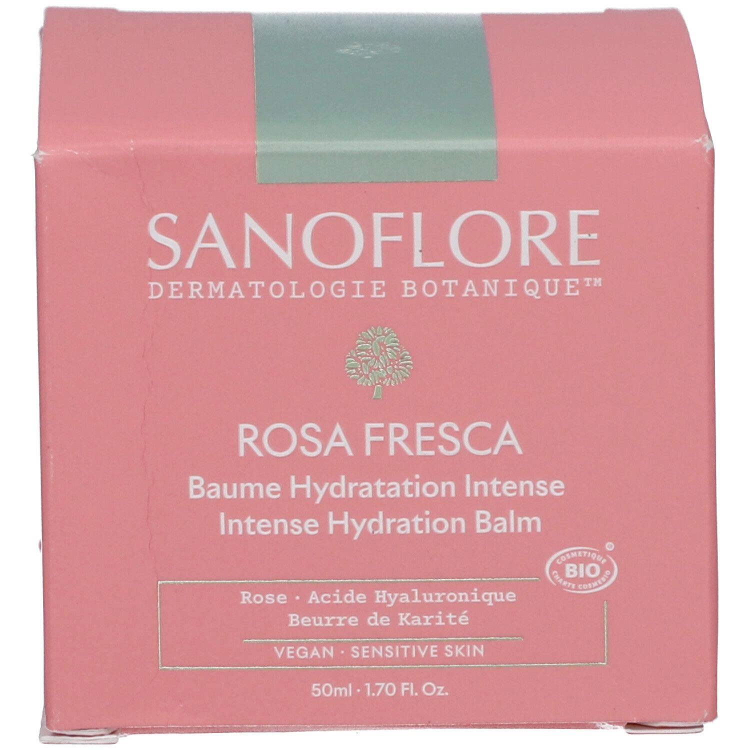 Roze verpakking voor Rosa Fresca Baume Hydratation Intense. Merk SANOFLORE. Tekst: Roos, Hyaluronzuur, Sheaboter.