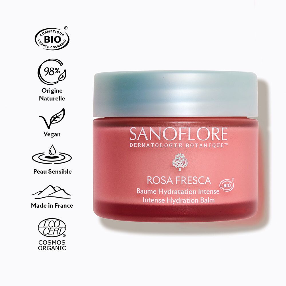 Sanoflore Rosa Fresca Baume avec sceaux : Bio, 98% origine naturelle, Vegan, Peau Sensible, Fabriqué en France, Ecocert Cosmos Organic.