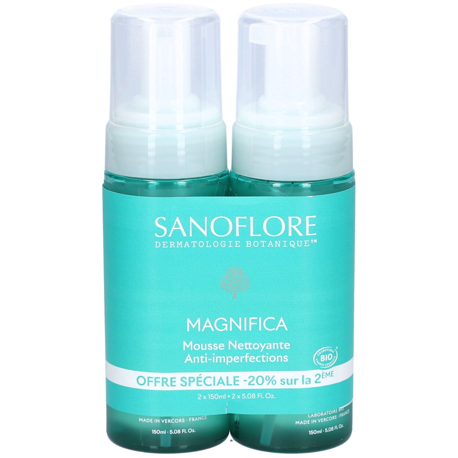 Deux flacons de mousse SANOFLORE Magnifica. Flacons turquoise avec bouchons blancs. Texte: Magnifica, Anti-imperfections.