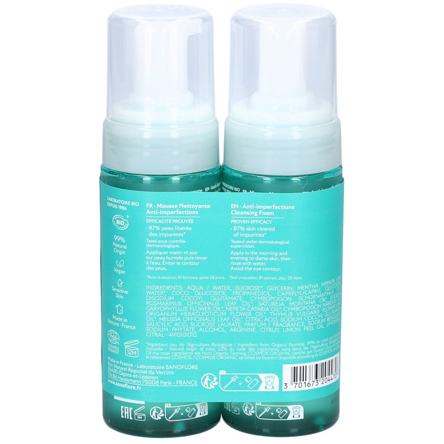 Dos de deux flacons de mousse SANOFLORE Magnifica. Turquoise. Texte: ingrédients, certification bio.