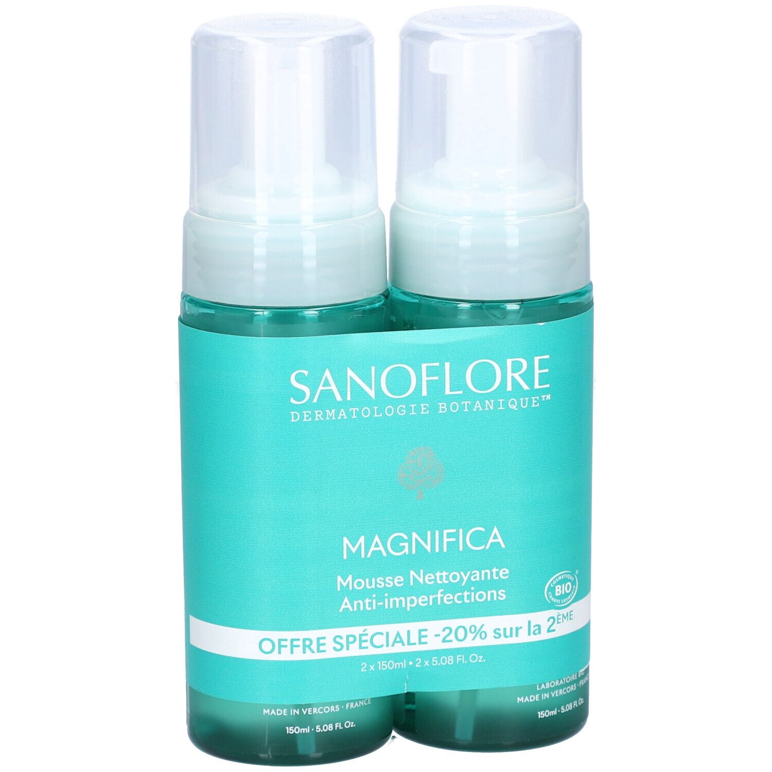Deux flacons de mousse SANOFLORE Magnifica. Flacons turquoise avec bouchons blancs. Texte: Magnifica, Anti-imperfections.