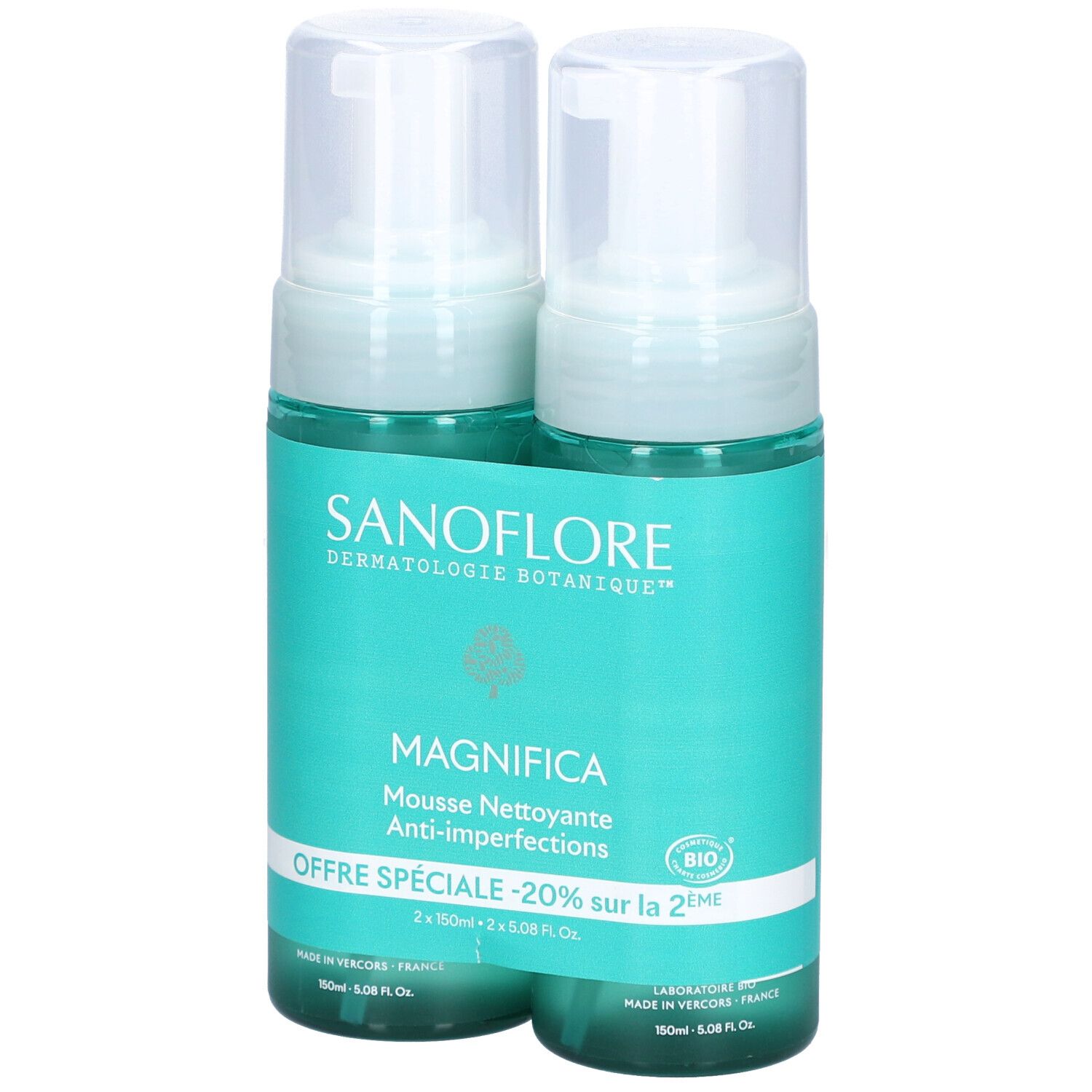 Deux flacons de mousse SANOFLORE Magnifica. Flacons turquoise avec bouchons blancs. Texte: Magnifica, Anti-imperfections.