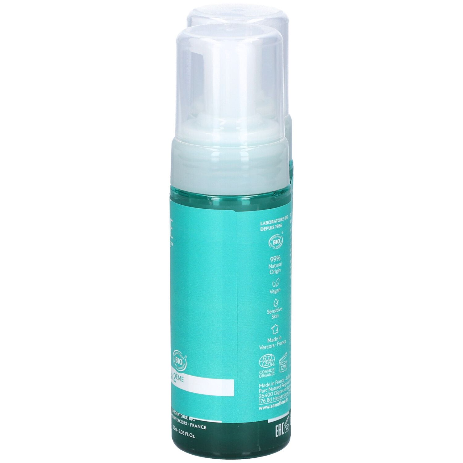 Dos d'un flacon de mousse SANOFLORE Magnifica. Turquoise. Texte: ingrédients, certification bio.