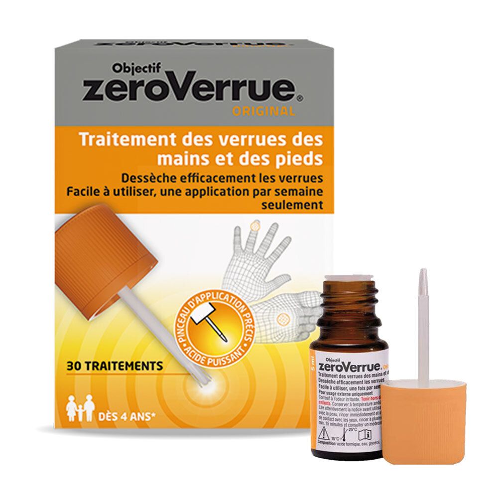 Emballage d'un traitement contre les verrues avec applicateur et flacon.