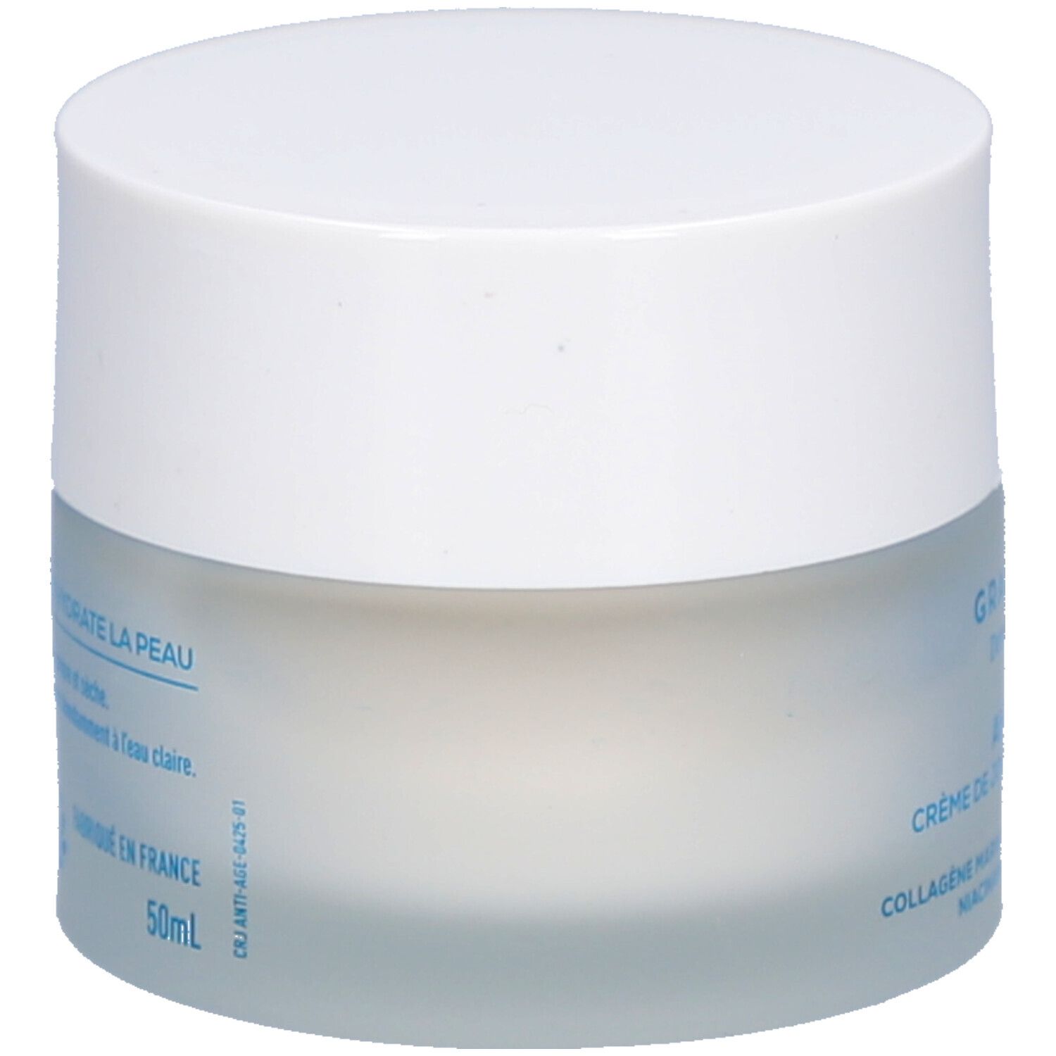 Crèmepot met witte deksel. Opschrift: 50ml. Achterkant met tekst: hydrate la peau, Fabriqué en France.