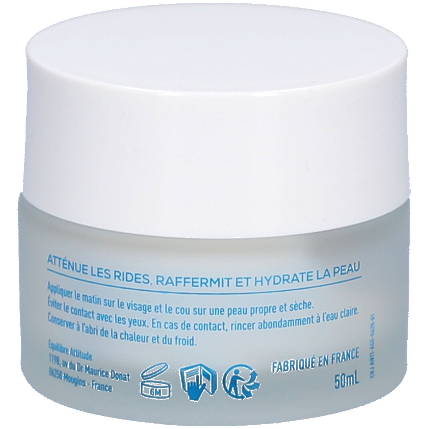 Crèmepot met witte deksel. Achterkant met tekst: Atténue les rides, raffermit et hydrate la peau. Fabriqué en France.