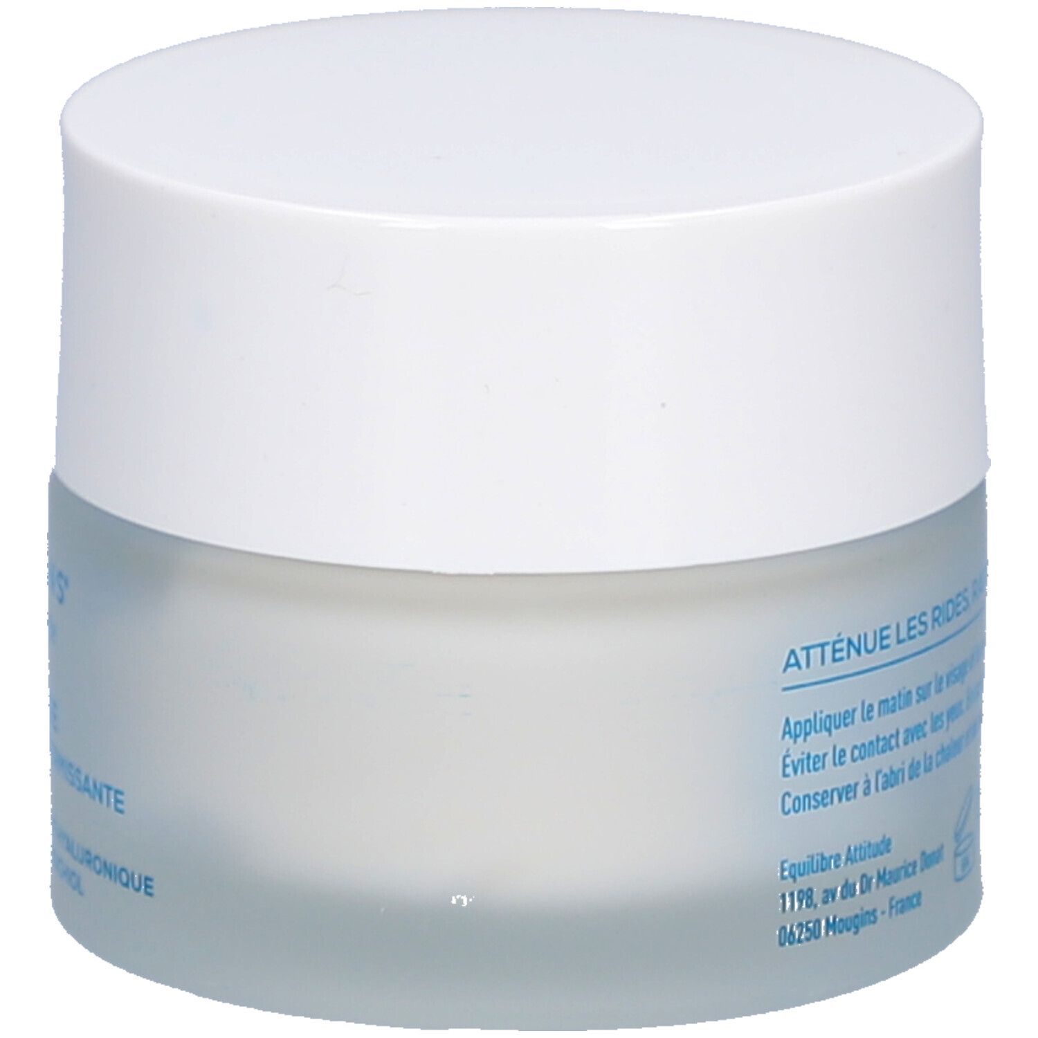 Crèmepot met witte deksel. Achterkant met tekst: Atténue les rides, raffermit et hydrate la peau. Fabriqué en France.