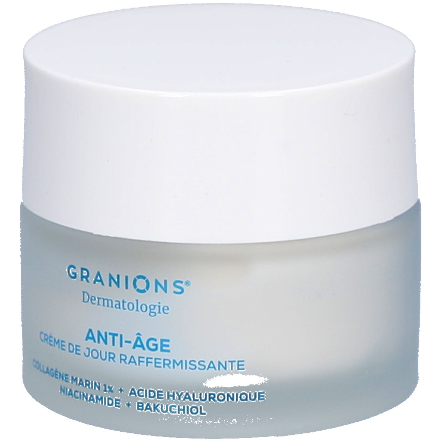Crèmepot met witte deksel. Opschrift: Granions Dermatologie, Anti-Âge, Crème de jour raffermissante. Ingrediënten.