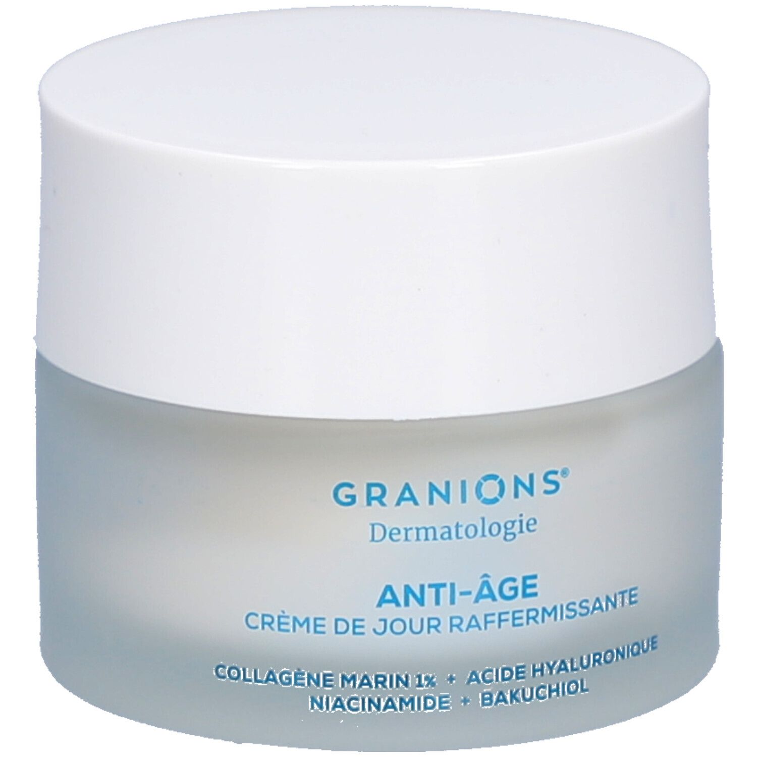 Crèmepot met witte deksel. Opschrift: Granions Dermatologie, Anti-Âge, Crème de jour raffermissante. Ingrediënten.