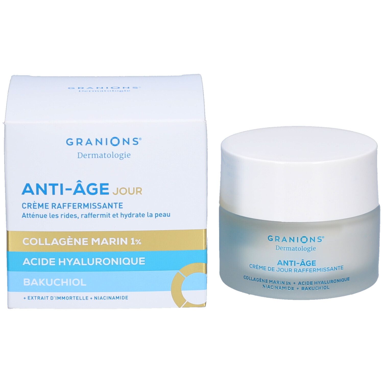 Verpakking en crèmepot. Opschrift: Granions Dermatologie, Anti-Âge jour, Crème raffermissante. Ingrediënten.