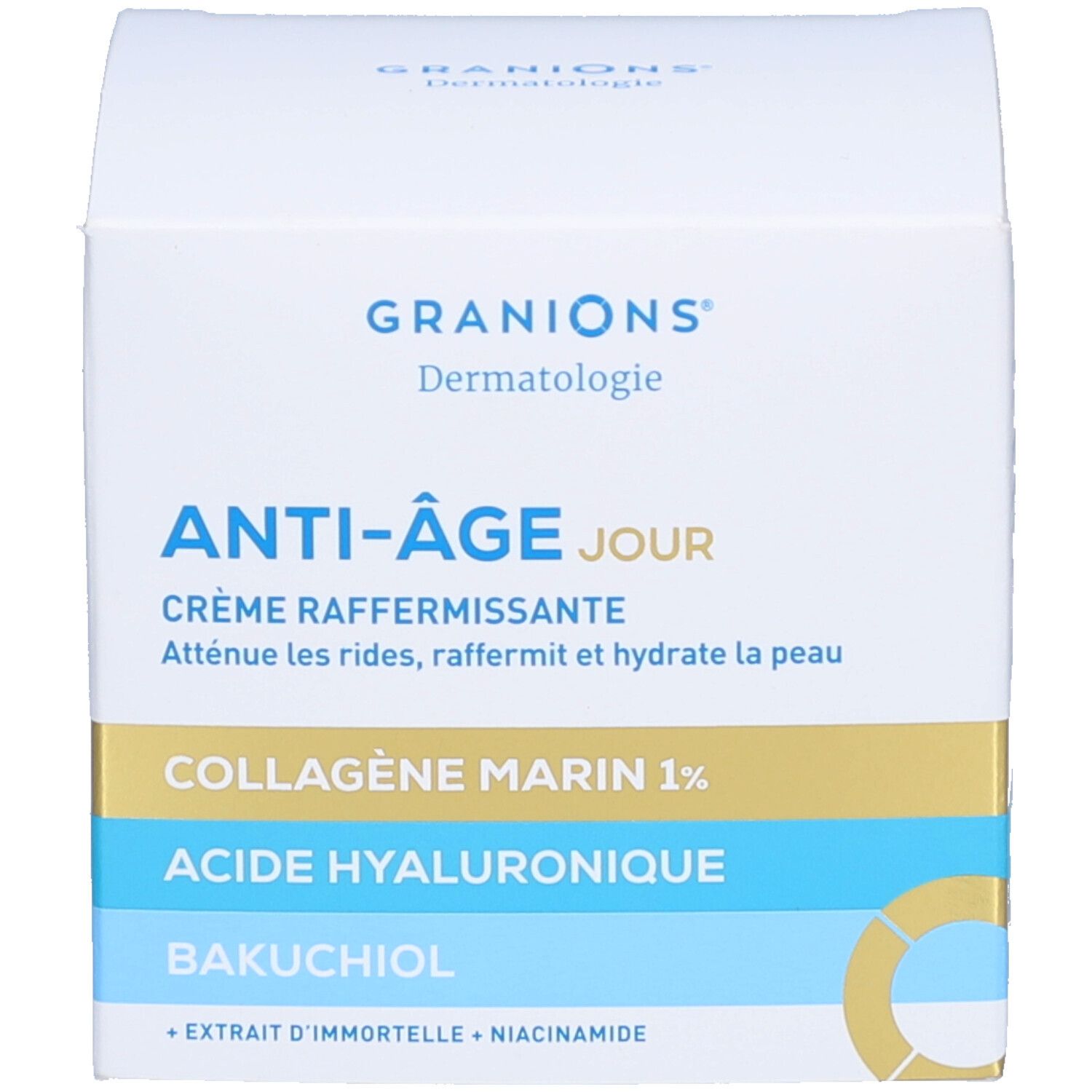 Productverpakking. Opschrift: Granions Dermatologie, Anti-Âge jour, Crème raffermissante. Ingrediënten.