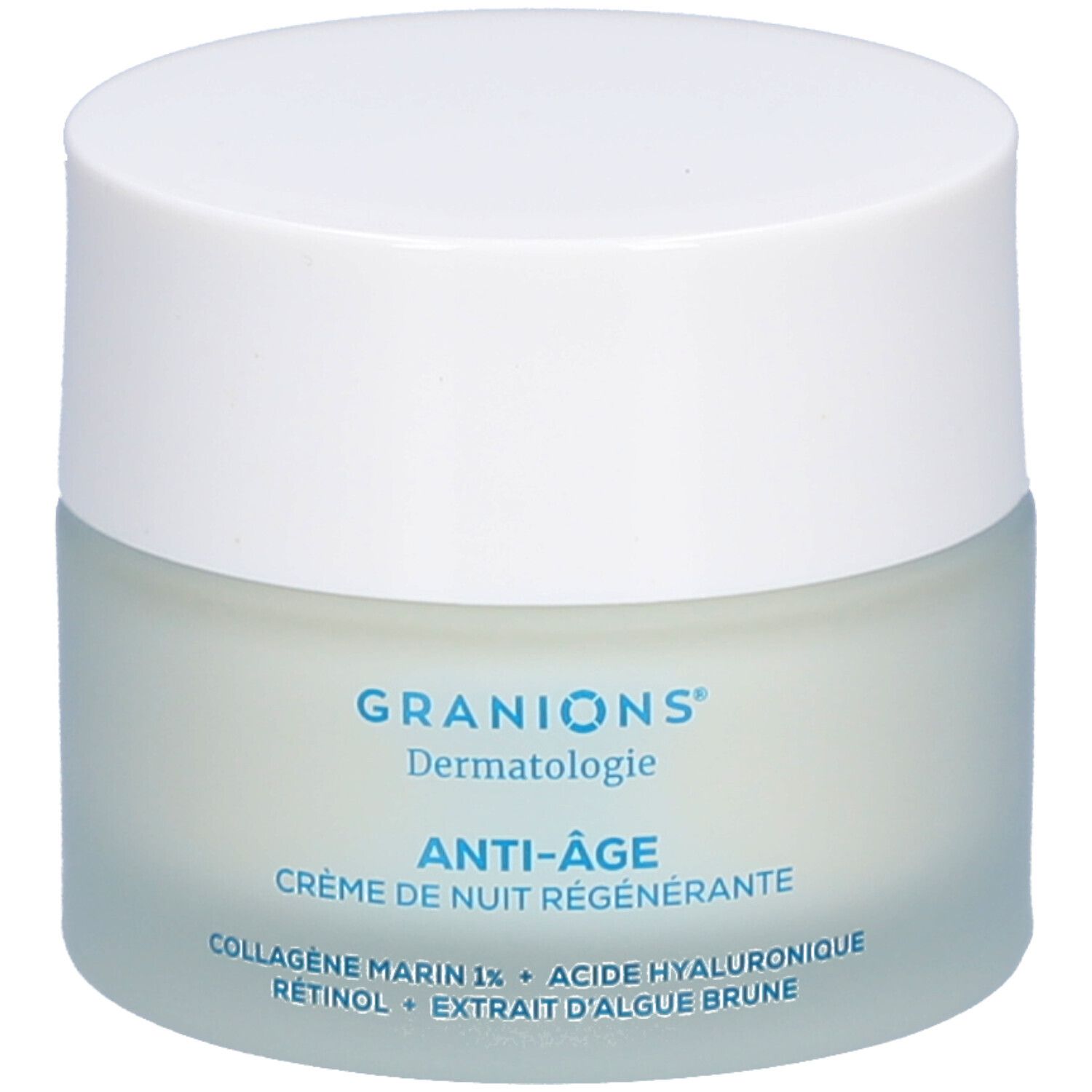 Crèmepot met witte deksel. Opschrift: GRANIONS Dermatologie, ANTI-ÂGE, Crème de nuit régénérante. Ingrediënten.