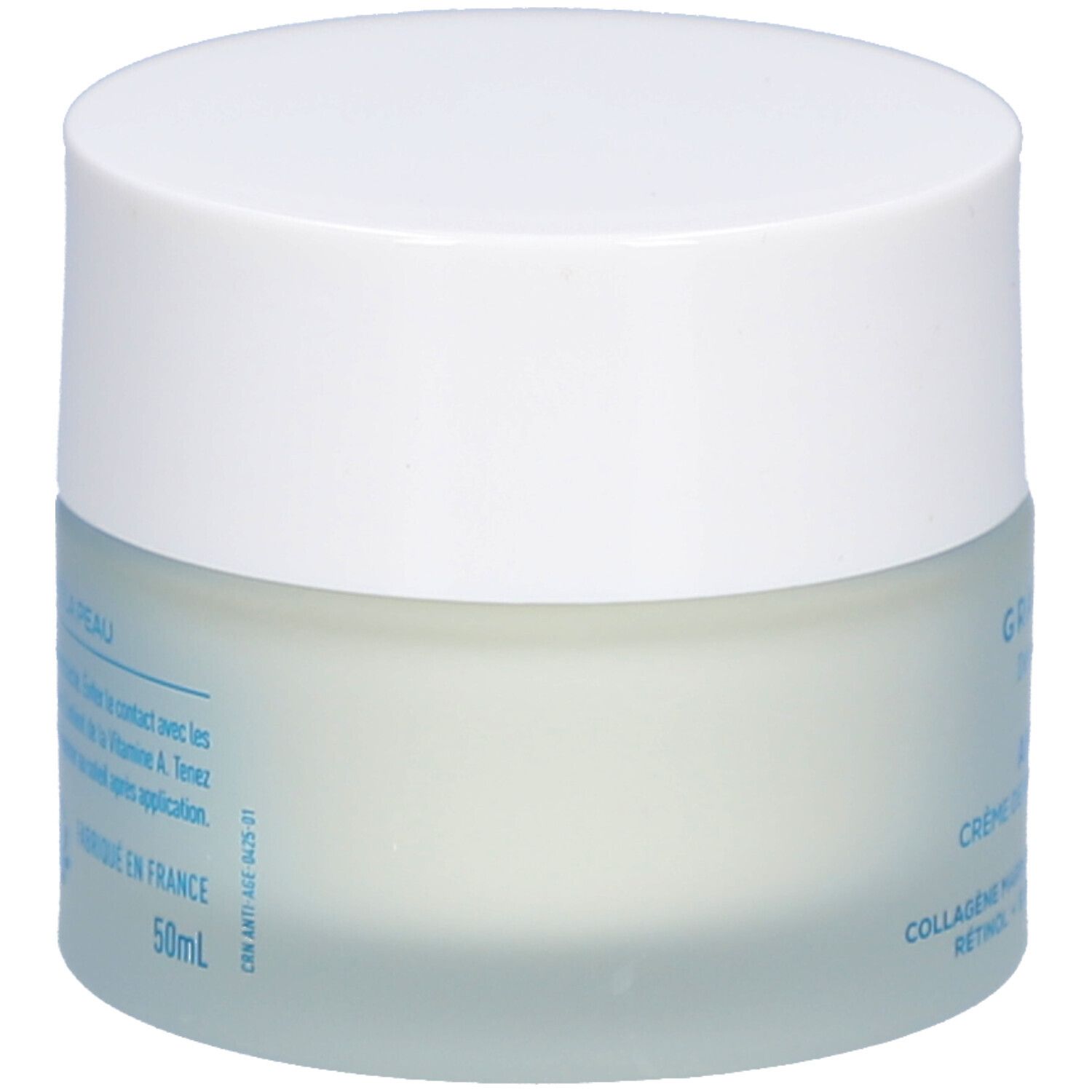 Crèmepot met witte deksel. Opschrift: Crème de nuit régénérante. Ingrediënten. Gemaakt in Frankrijk. Volume: 50ml.