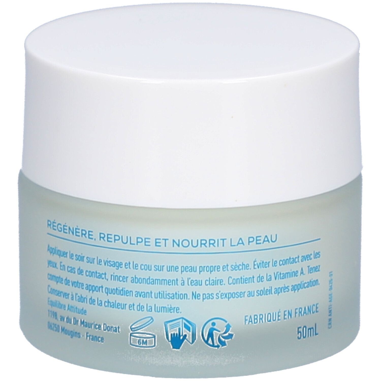 Crèmepot met witte deksel. Opschrift: Régénère, repulpe et nourrit la peau. Gebruiksaanwijzing. Volume: 50ml. Gemaakt in Frankrijk.