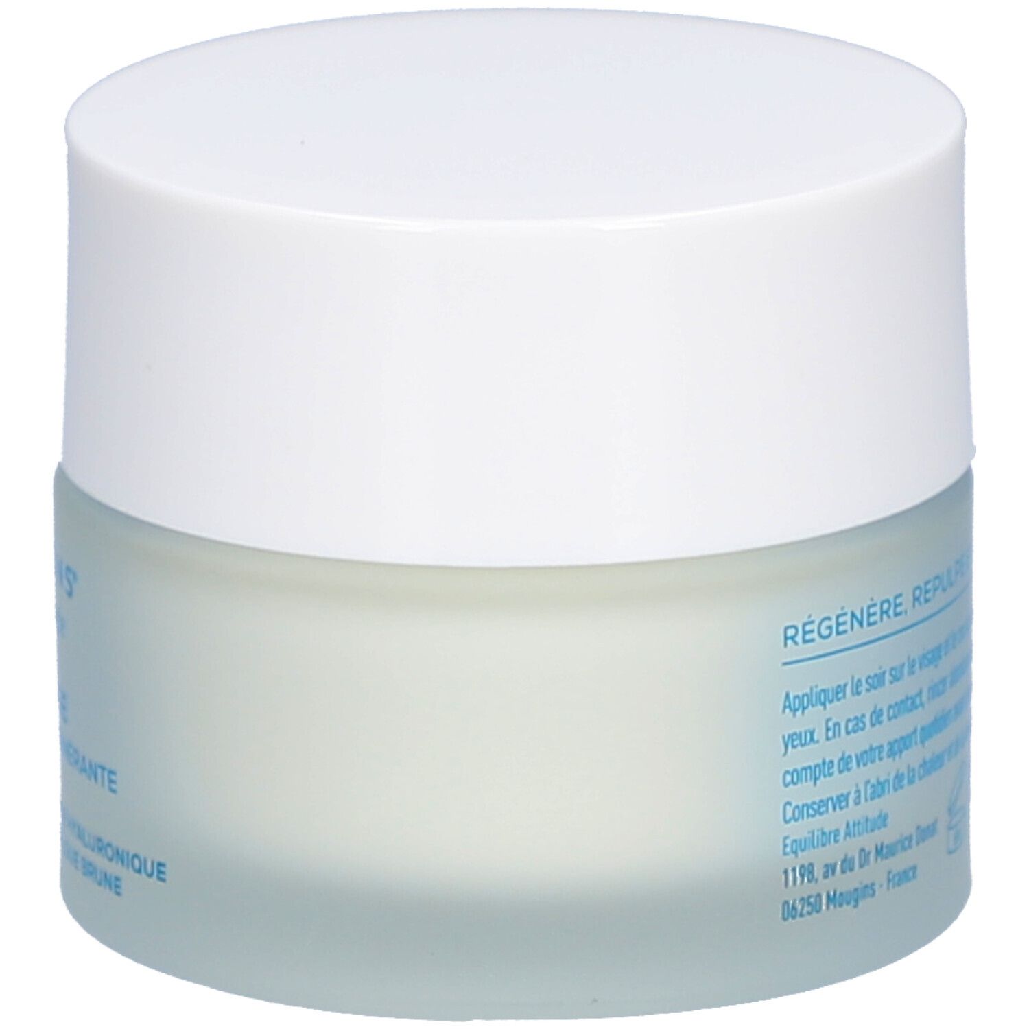 Crèmepot met witte deksel. Opschrift: Régénère, repulpe et nourrit la peau. Gebruiksaanwijzing. Gemaakt in Frankrijk.
