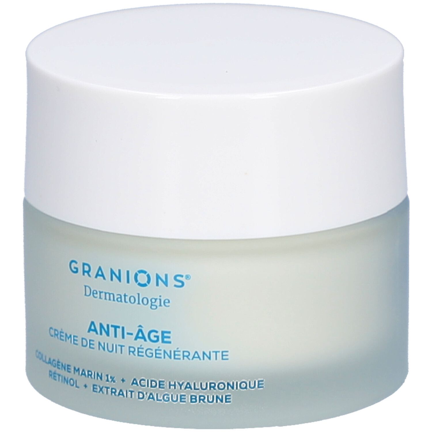 Crèmepot met witte deksel. Opschrift: GRANIONS Dermatologie, ANTI-ÂGE, Crème de nuit régénérante. Ingrediënten.