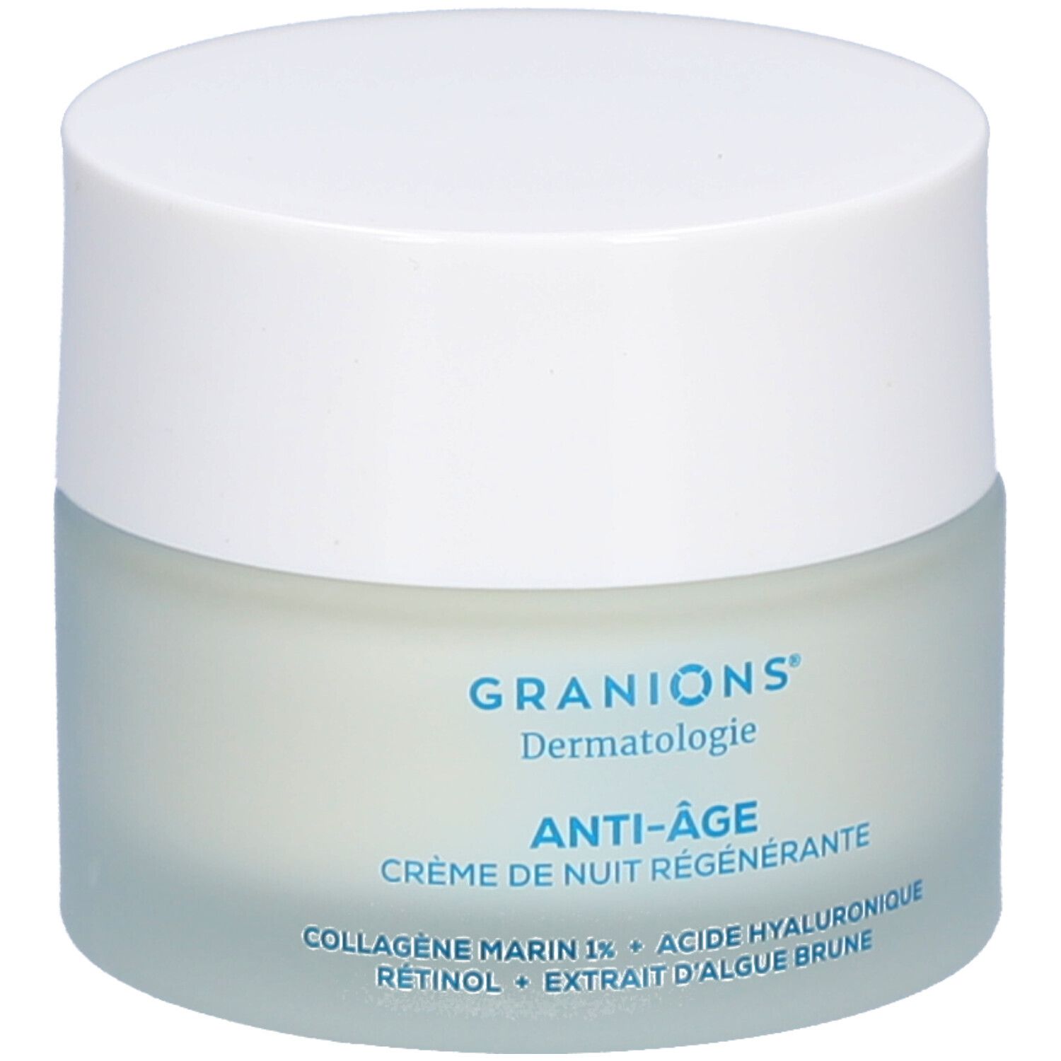 Crèmepot met witte deksel. Opschrift: GRANIONS Dermatologie, ANTI-ÂGE, Crème de nuit régénérante. Ingrediënten.
