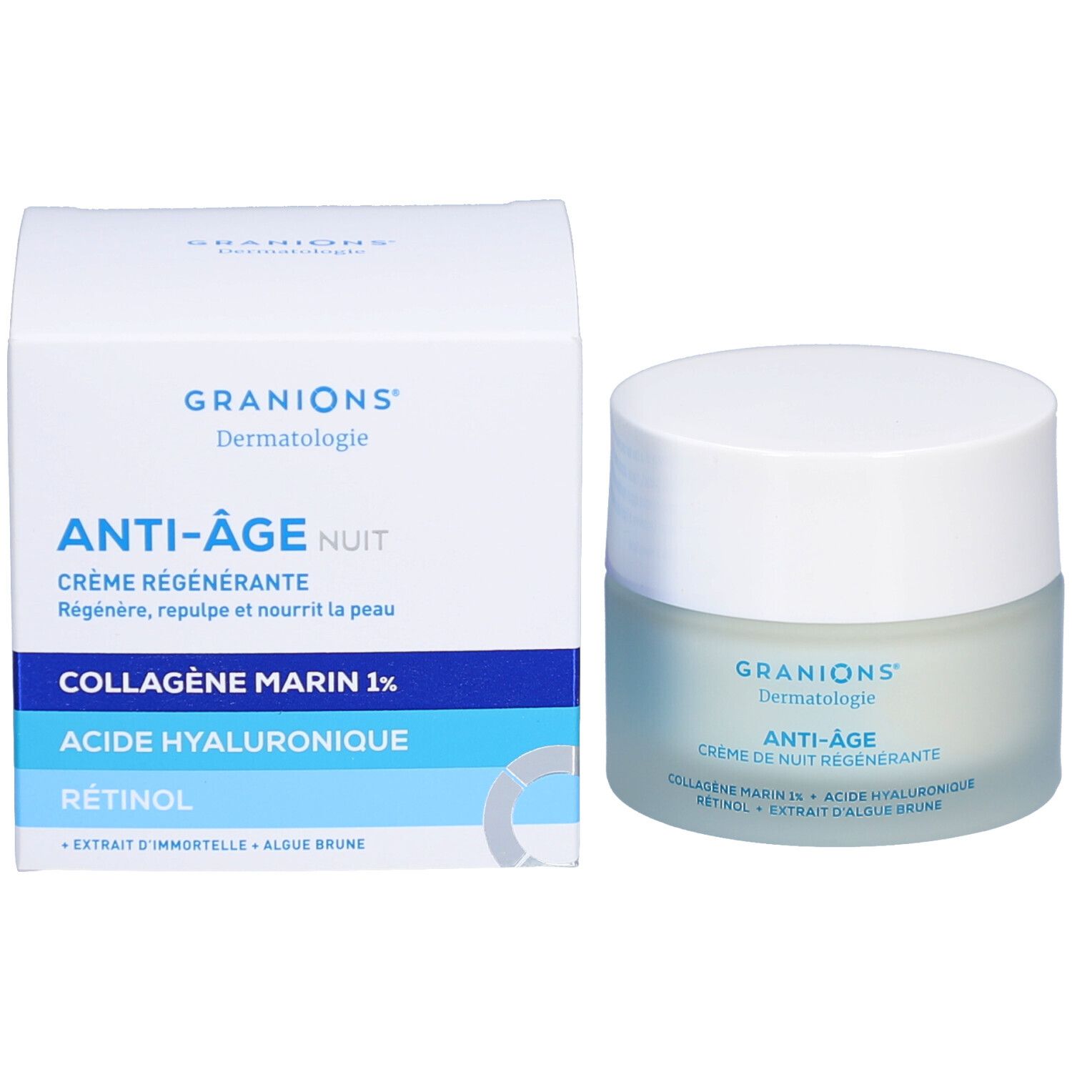 Verpakking en crèmepot. Opschrift: GRANIONS Dermatologie, ANTI-ÂGE NUIT, Crème régénérante. Ingrediënten.